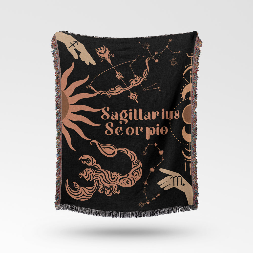 Sagittarius and Scorpio Zodiac Compatibility Woven Throw Tapestry - Elevate home decor with this boho-inspired, celestial charm blanket. Perfect for astrology enthusiasts, featuring Sagittarius and Scorpio sun signs, adding unique, artistic flair to your living space. Premium cotton, cozy, and decorative.
