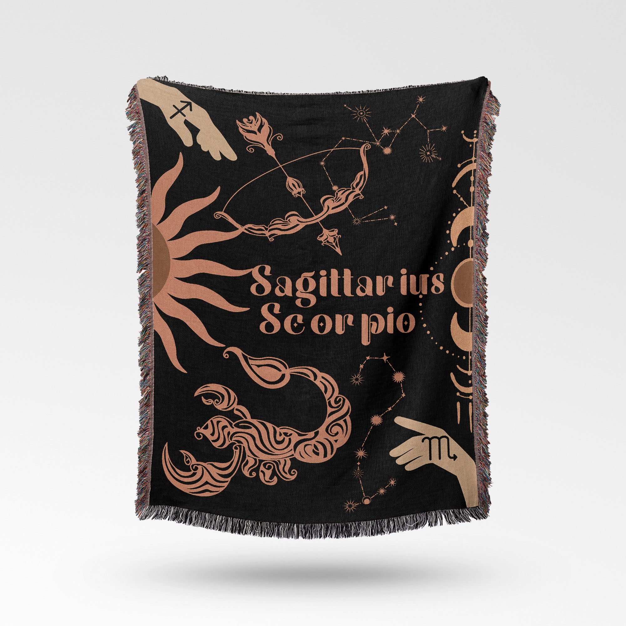 Sagittarius and Scorpio Zodiac Compatibility Woven Throw Tapestry - Elevate home decor with this boho-inspired, celestial charm blanket. Perfect for astrology enthusiasts, featuring Sagittarius and Scorpio sun signs, adding unique, artistic flair to your living space. Premium cotton, cozy, and decorative.