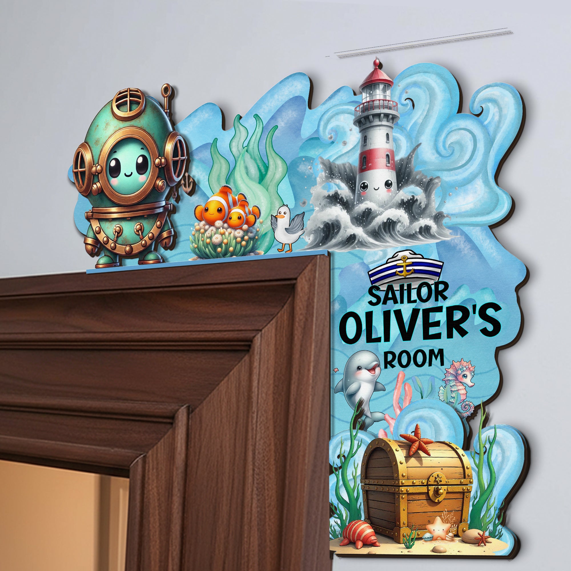 PERSONALIZED Wooden Door Corner | CUSTOM Door Topper Name Plate for KIDS | Single/Double Layer | 10” & 15” Sizes | Sailor