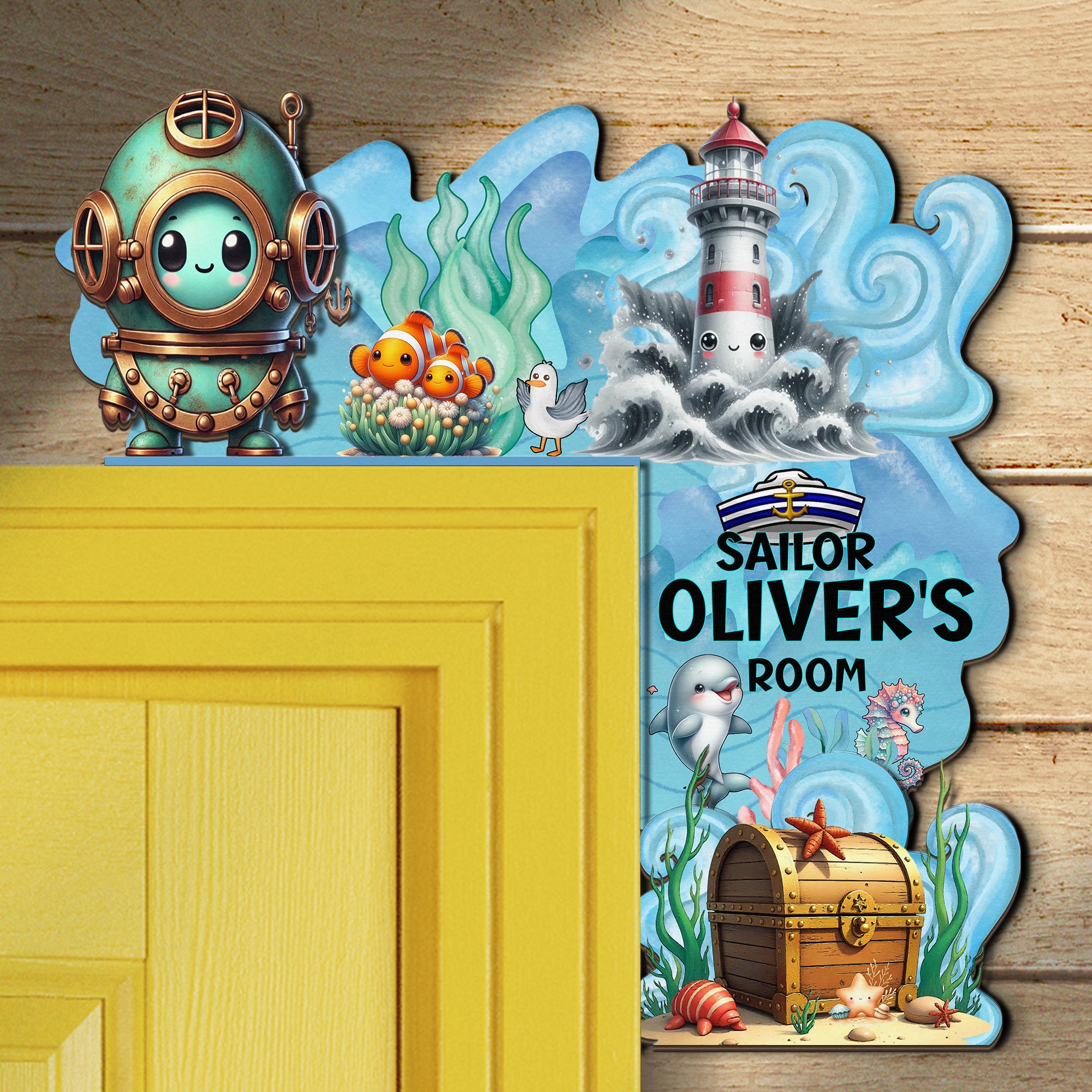 PERSONALIZED Wooden Door Corner | CUSTOM Door Topper Name Plate for KIDS | Single/Double Layer | 10” & 15” Sizes | Sailor