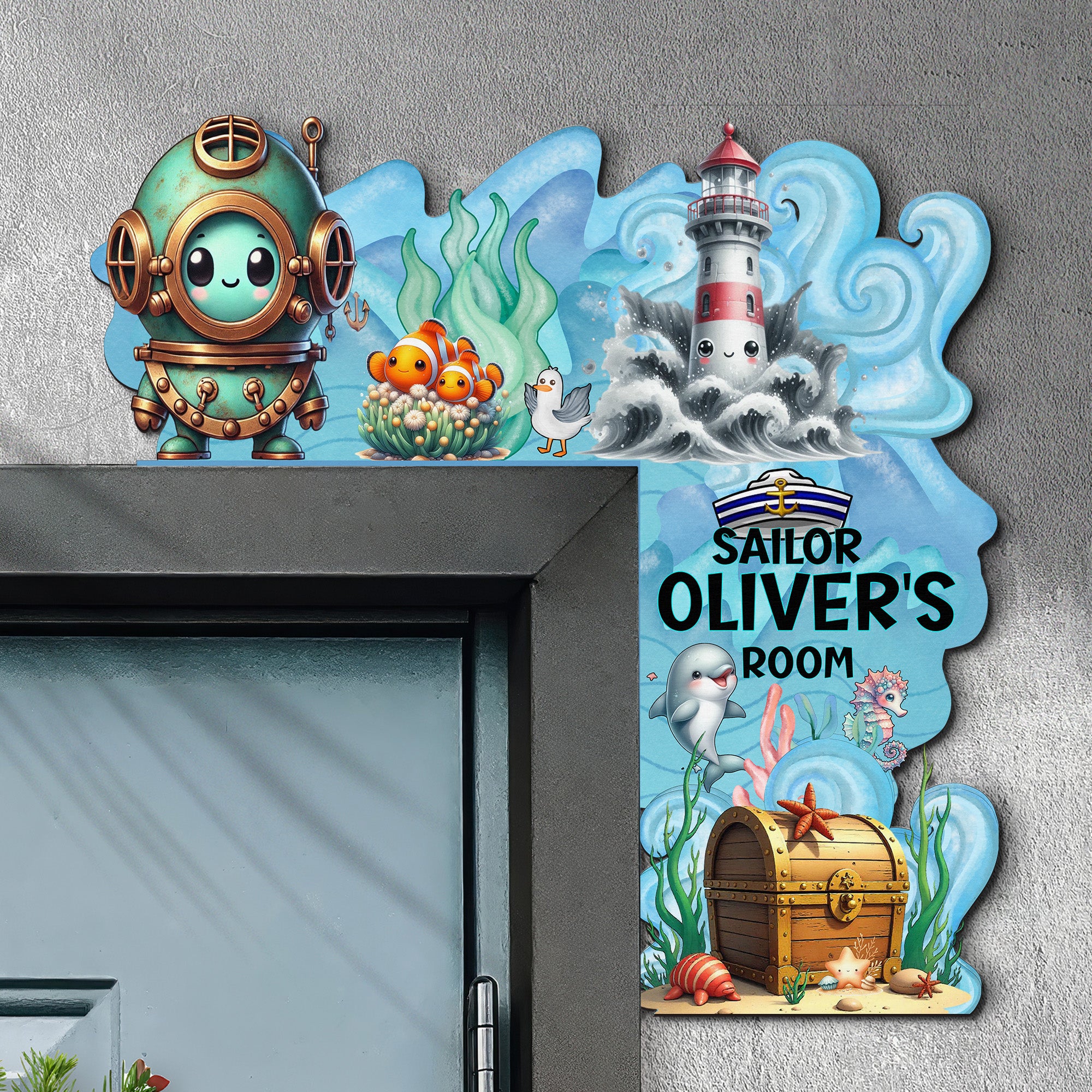 PERSONALIZED Wooden Door Corner | CUSTOM Door Topper Name Plate for KIDS | Single/Double Layer | 10” & 15” Sizes | Sailor