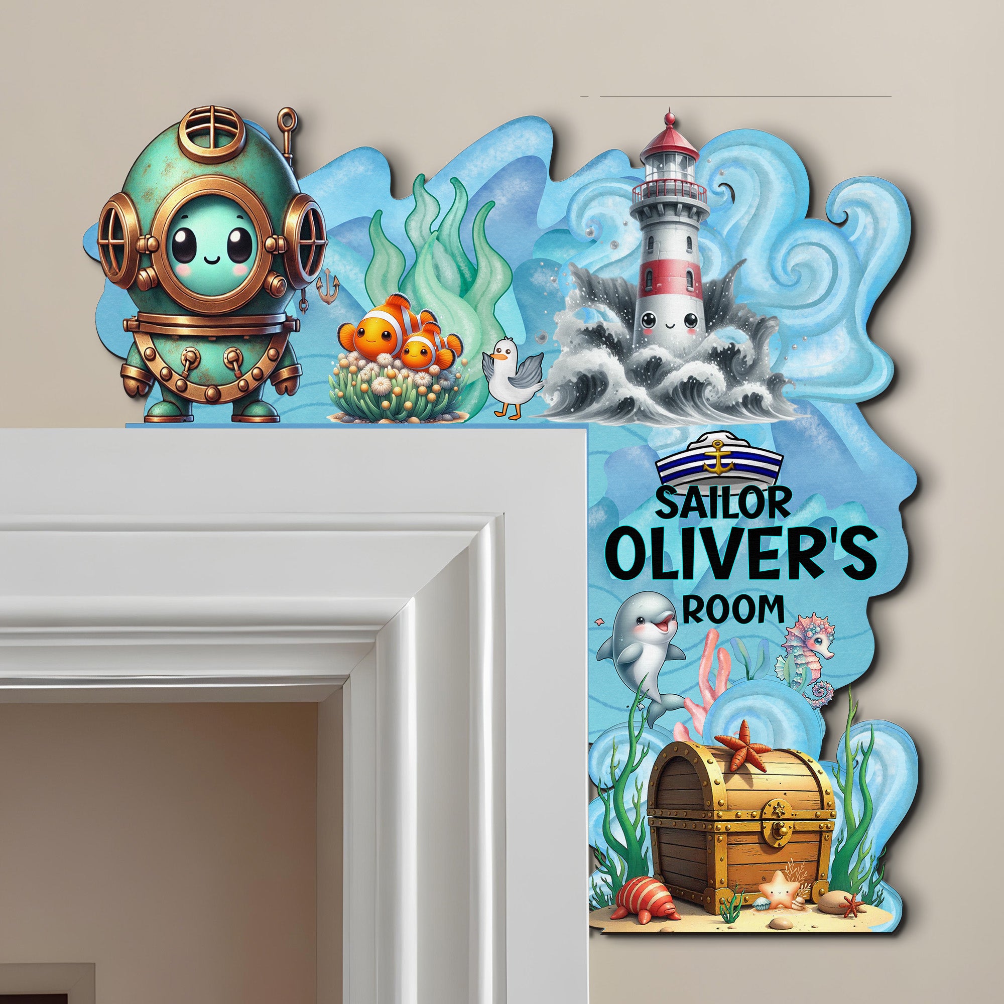 PERSONALIZED Wooden Door Corner | CUSTOM Door Topper Name Plate for KIDS | Single/Double Layer | 10” & 15” Sizes | Sailor