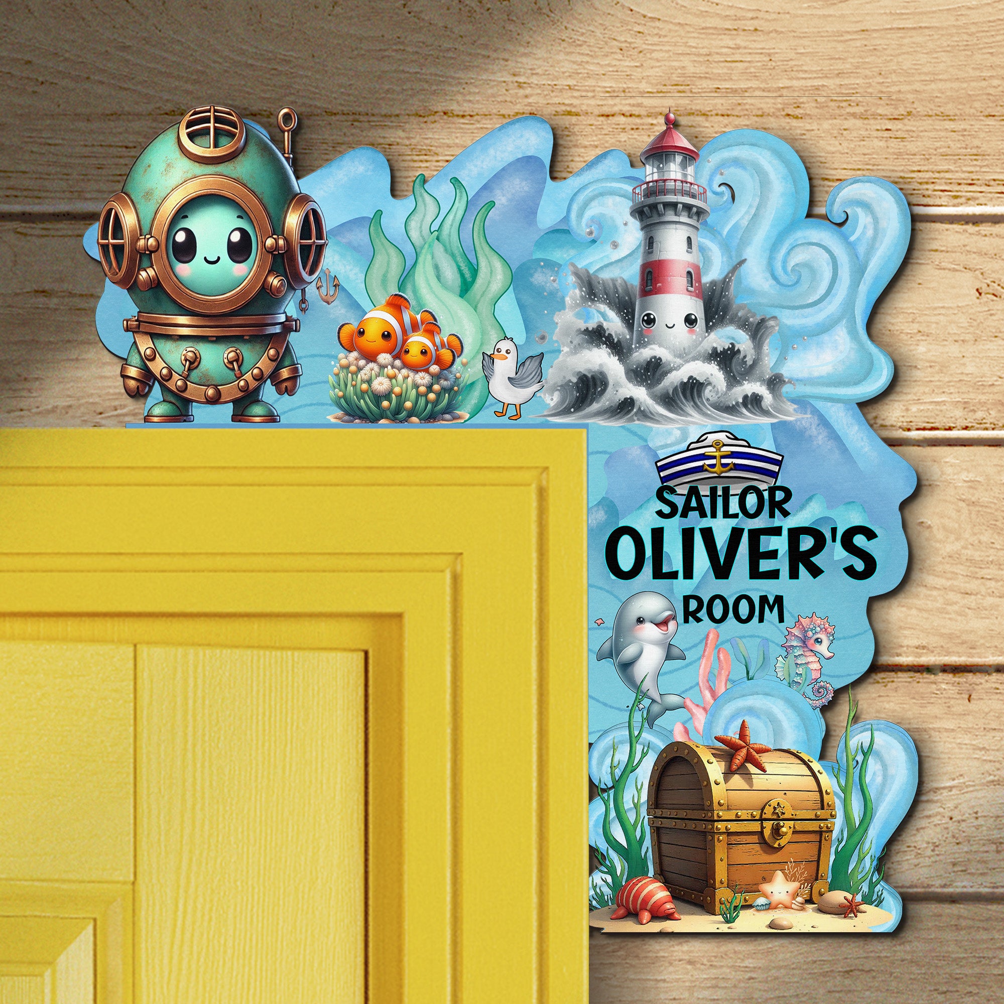PERSONALIZED Wooden Door Corner | CUSTOM Door Topper Name Plate for KIDS | Single/Double Layer | 10” & 15” Sizes | Sailor