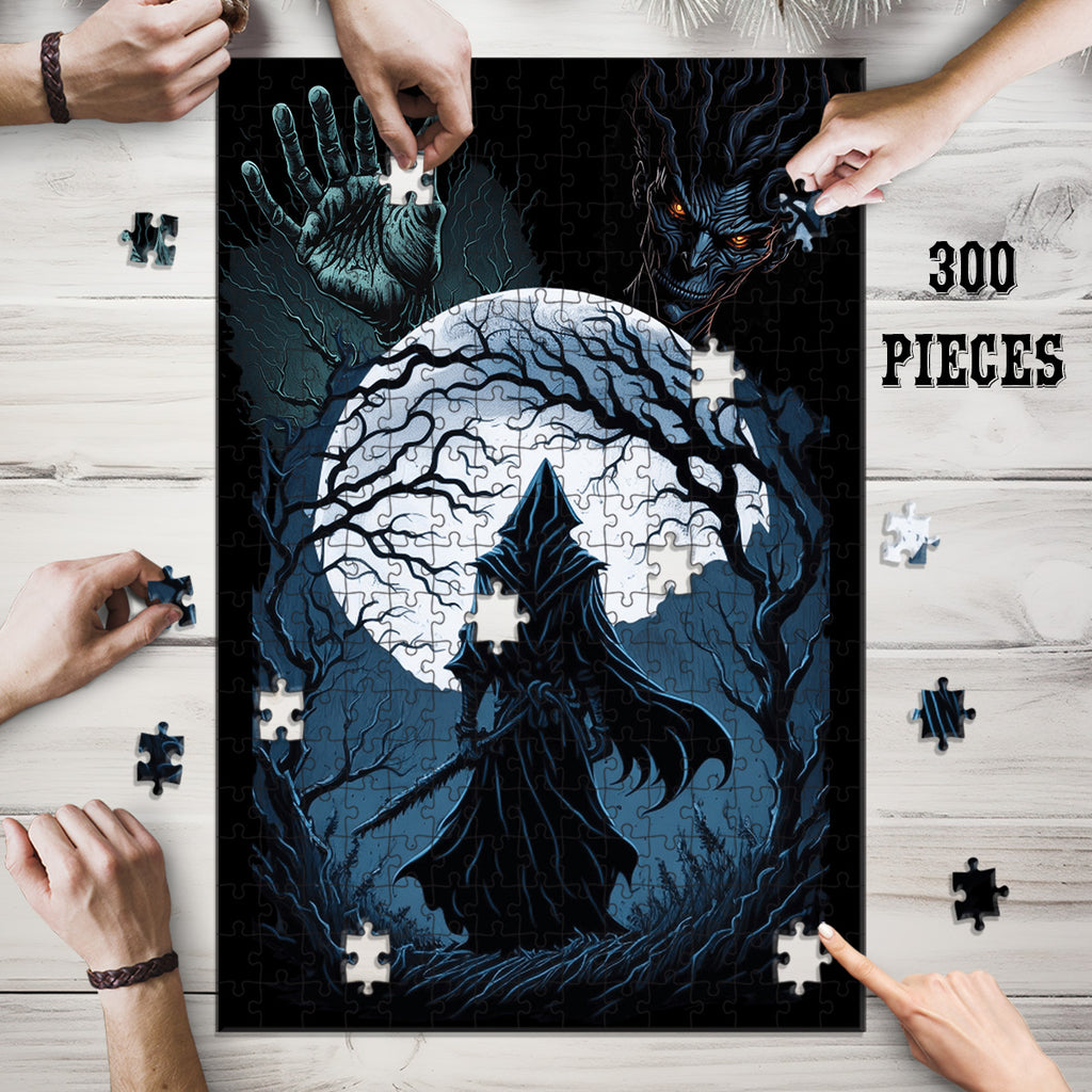 Spooky Nights Halloween puzzle with 300 pieces being assembled