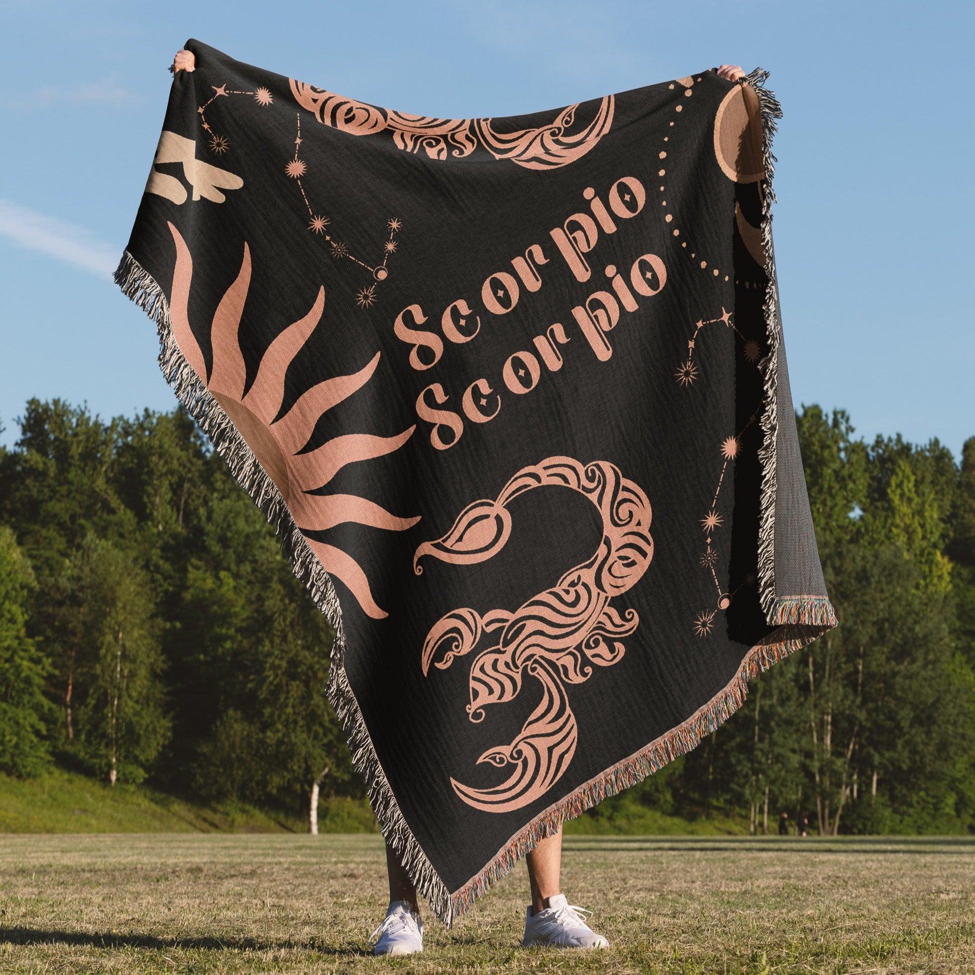 Scorpio and Scorpio Zodiac Compatibility Woven Throw Tapestry - Elevate home decor with this boho-inspired, celestial charm blanket. Perfect for astrology enthusiasts, featuring Scorpio and Scorpio sun signs, adding unique, artistic flair to your living space. Premium cotton, cozy, and decorative.