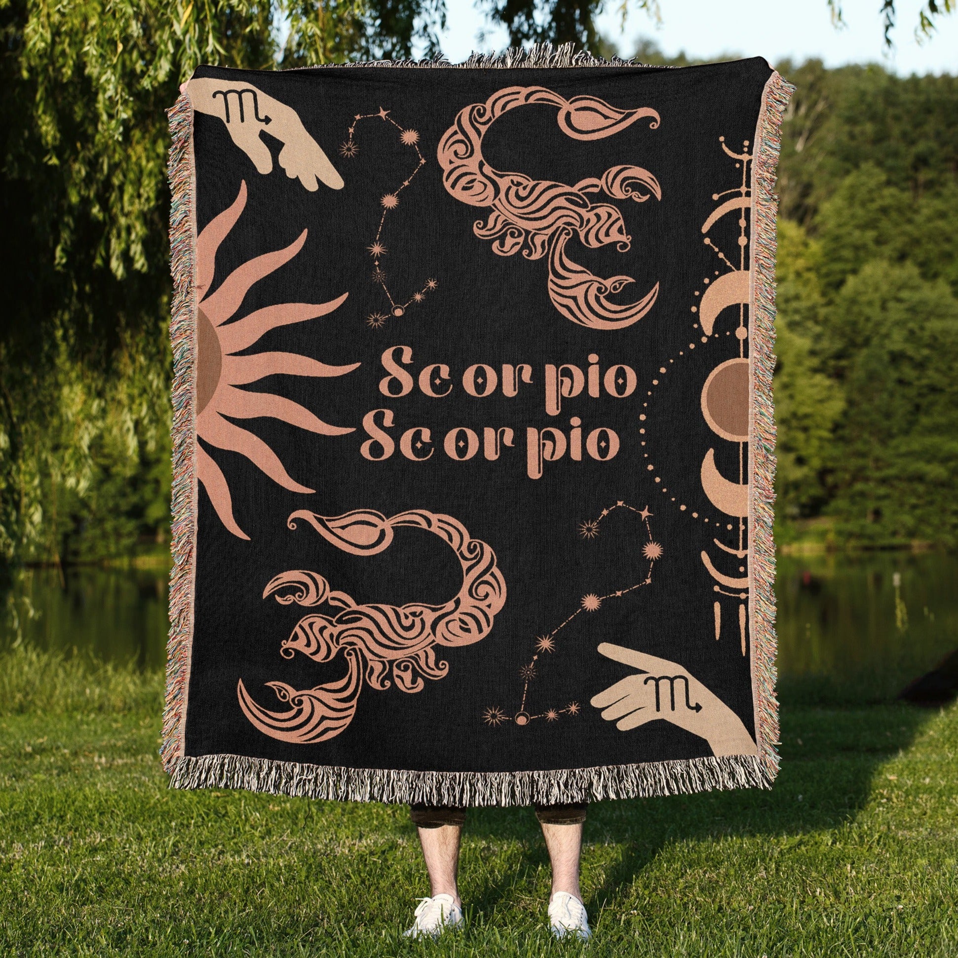 Scorpio and Scorpio Zodiac Compatibility Woven Throw Tapestry - Elevate home decor with this boho-inspired, celestial charm blanket. Perfect for astrology enthusiasts, featuring Scorpio and Scorpio sun signs, adding unique, artistic flair to your living space. Premium cotton, cozy, and decorative.