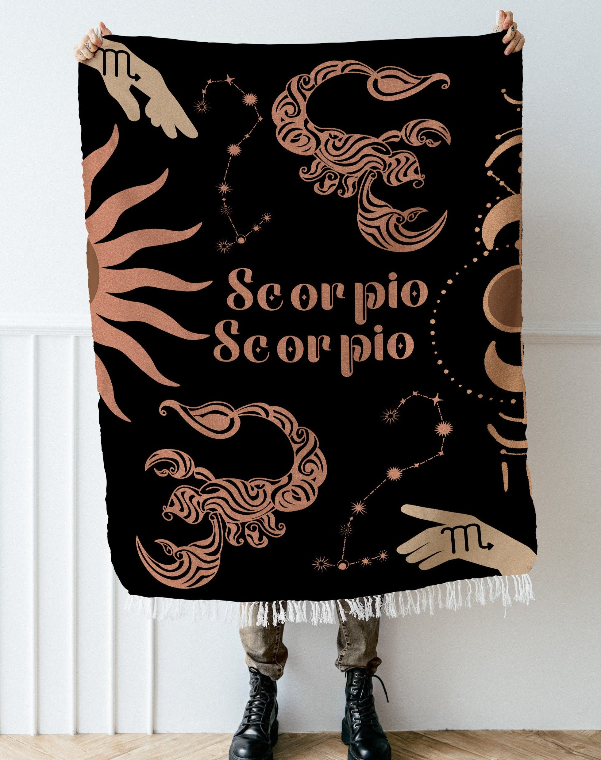 Scorpio and Scorpio Zodiac Compatibility Woven Throw Tapestry - Elevate home decor with this boho-inspired, celestial charm blanket. Perfect for astrology enthusiasts, featuring Scorpio and Scorpio sun signs, adding unique, artistic flair to your living space. Premium cotton, cozy, and decorative.