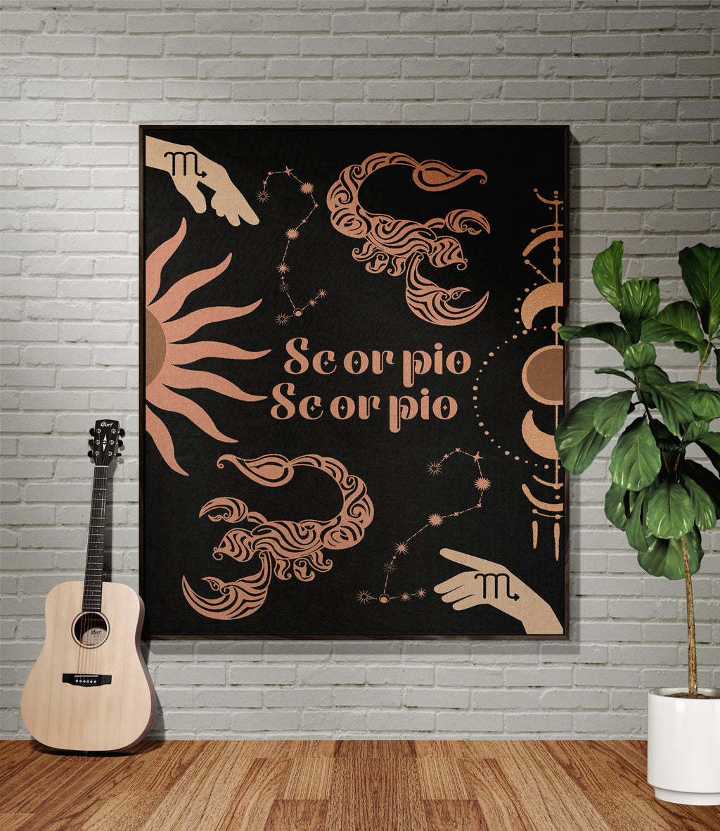 Scorpio and Scorpio Zodiac Compatibility Woven Throw Tapestry - Elevate home decor with this boho-inspired, celestial charm blanket. Perfect for astrology enthusiasts, featuring Scorpio and Scorpio sun signs, adding unique, artistic flair to your living space. Premium cotton, cozy, and decorative.