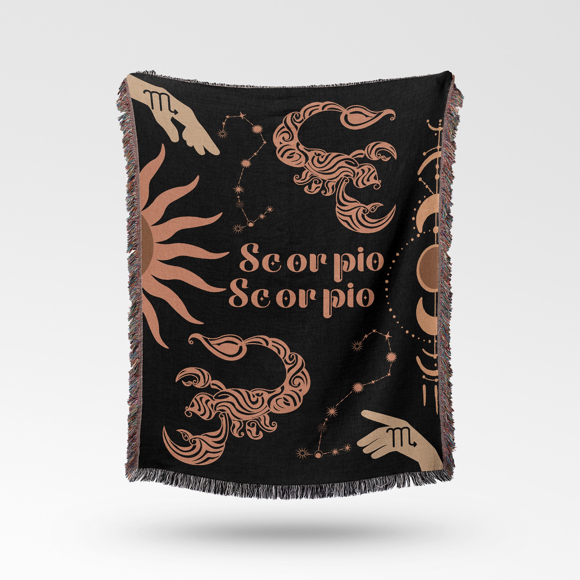Scorpio and Scorpio Zodiac Compatibility Woven Throw Tapestry - Elevate home decor with this boho-inspired, celestial charm blanket. Perfect for astrology enthusiasts, featuring Scorpio and Scorpio sun signs, adding unique, artistic flair to your living space. Premium cotton, cozy, and decorative.