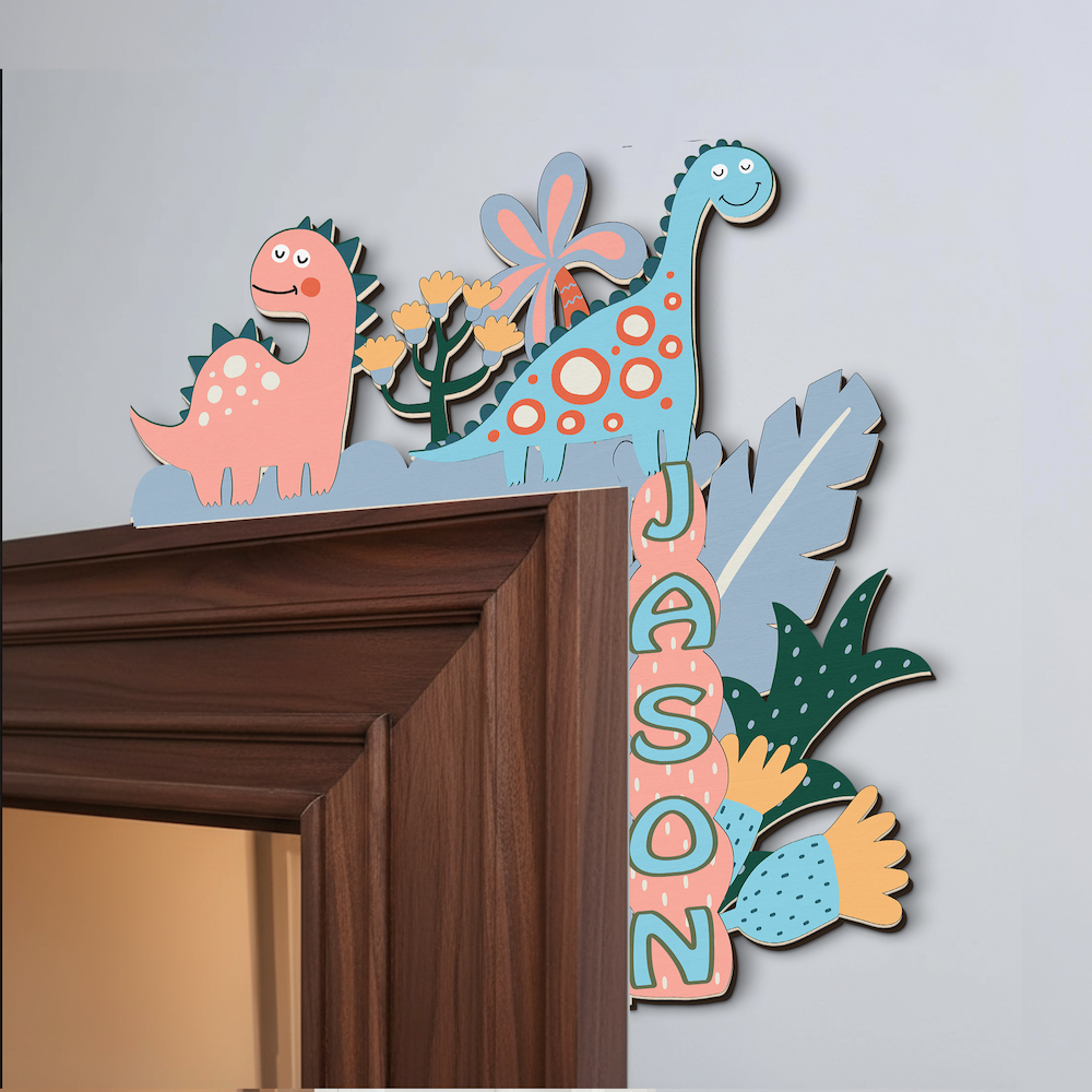PERSONALIZED Wooden Door Corner | CUSTOM Name Sign | Single/Double Layer | 10” & 15” Sizes | Kids Room Decor | Dinosaur Love