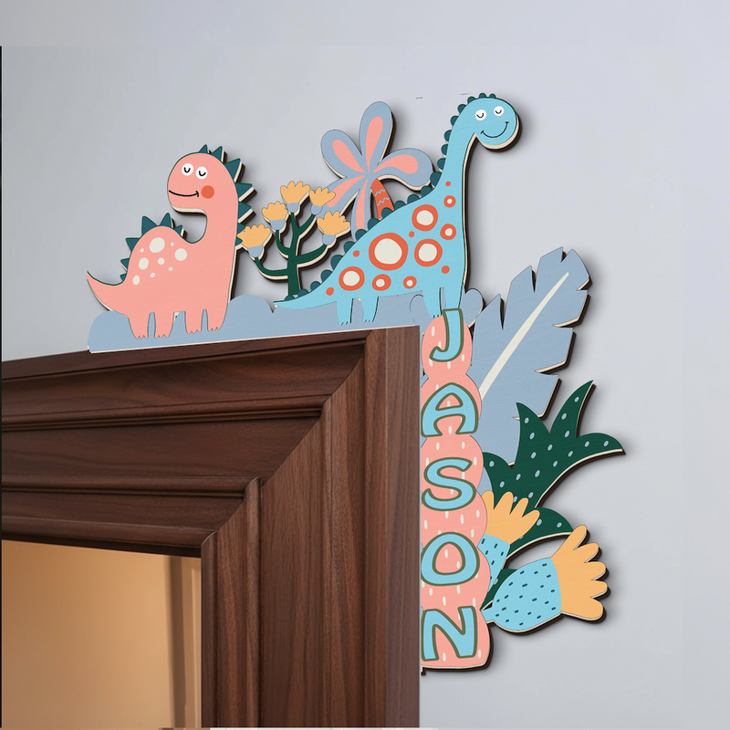 PERSONALIZED Wooden Door Corner | CUSTOM Name Sign | Single/Double Layer | 10” & 15” Sizes | Kids Room Decor | Dinosaur Love