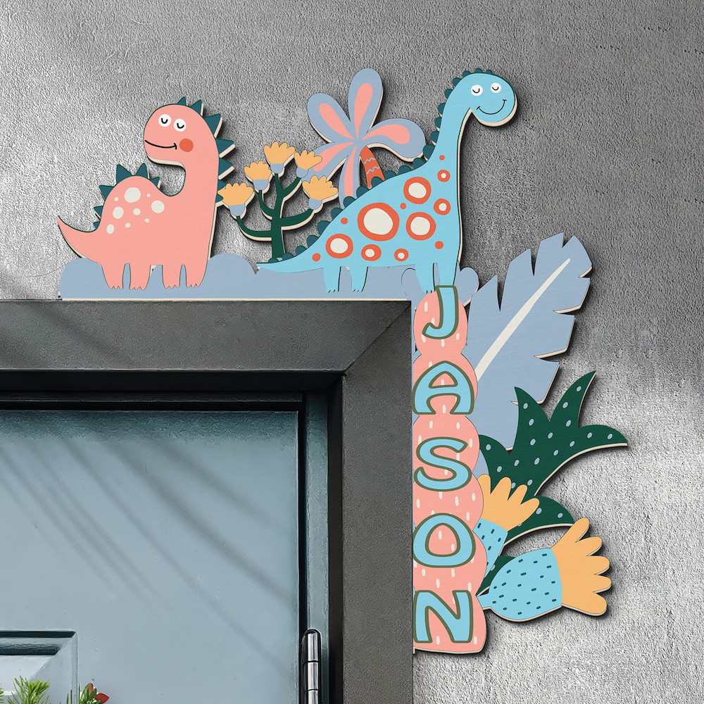 PERSONALIZED Wooden Door Corner | CUSTOM Name Sign | Single/Double Layer | 10” & 15” Sizes | Kids Room Decor | Dinosaur Love