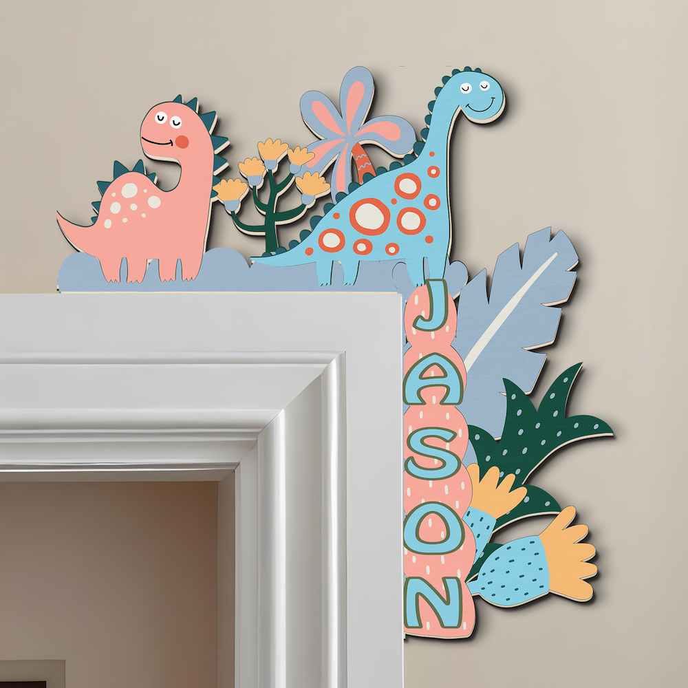 PERSONALIZED Wooden Door Corner | CUSTOM Name Sign | Single/Double Layer | 10” & 15” Sizes | Kids Room Decor | Dinosaur Love