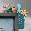 Single-layer personalized cute dinosaur wooden door name sign displayed on a gray door