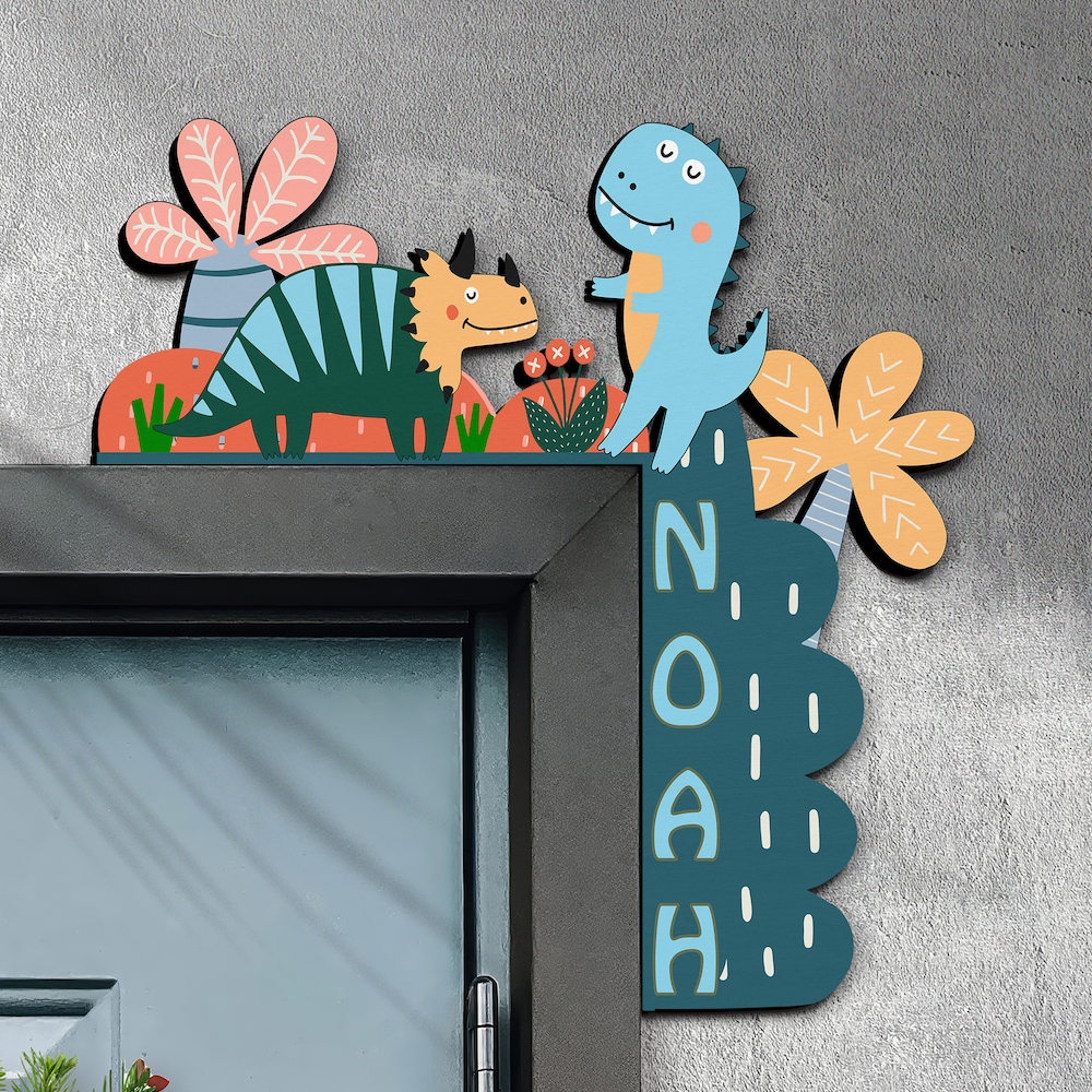 PERSONALIZED Door Corner Sign | Eco Friendly Plywood | CUSTOM Name | 1 or 2 Layers | 10” & 15” Sizes | Kids Room Decor | Cute Dinosaur