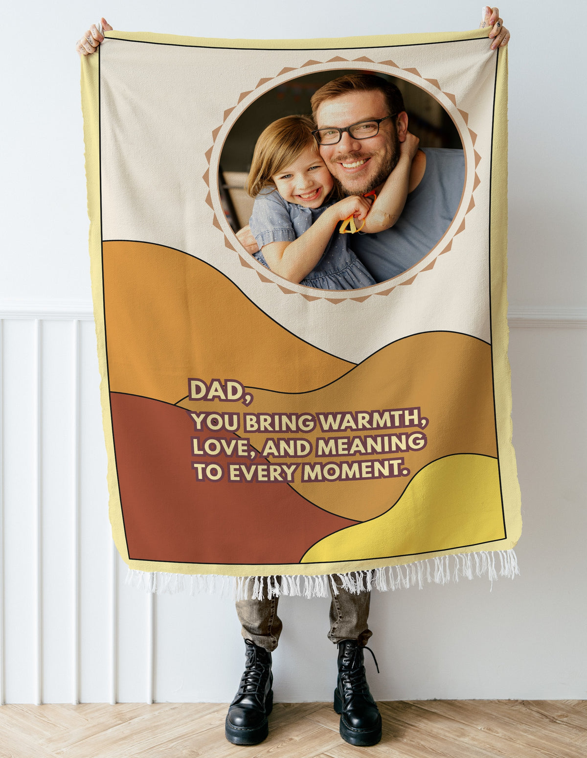 52 x 37 inch personalized photo woven blanket for Dad with cotton fringe