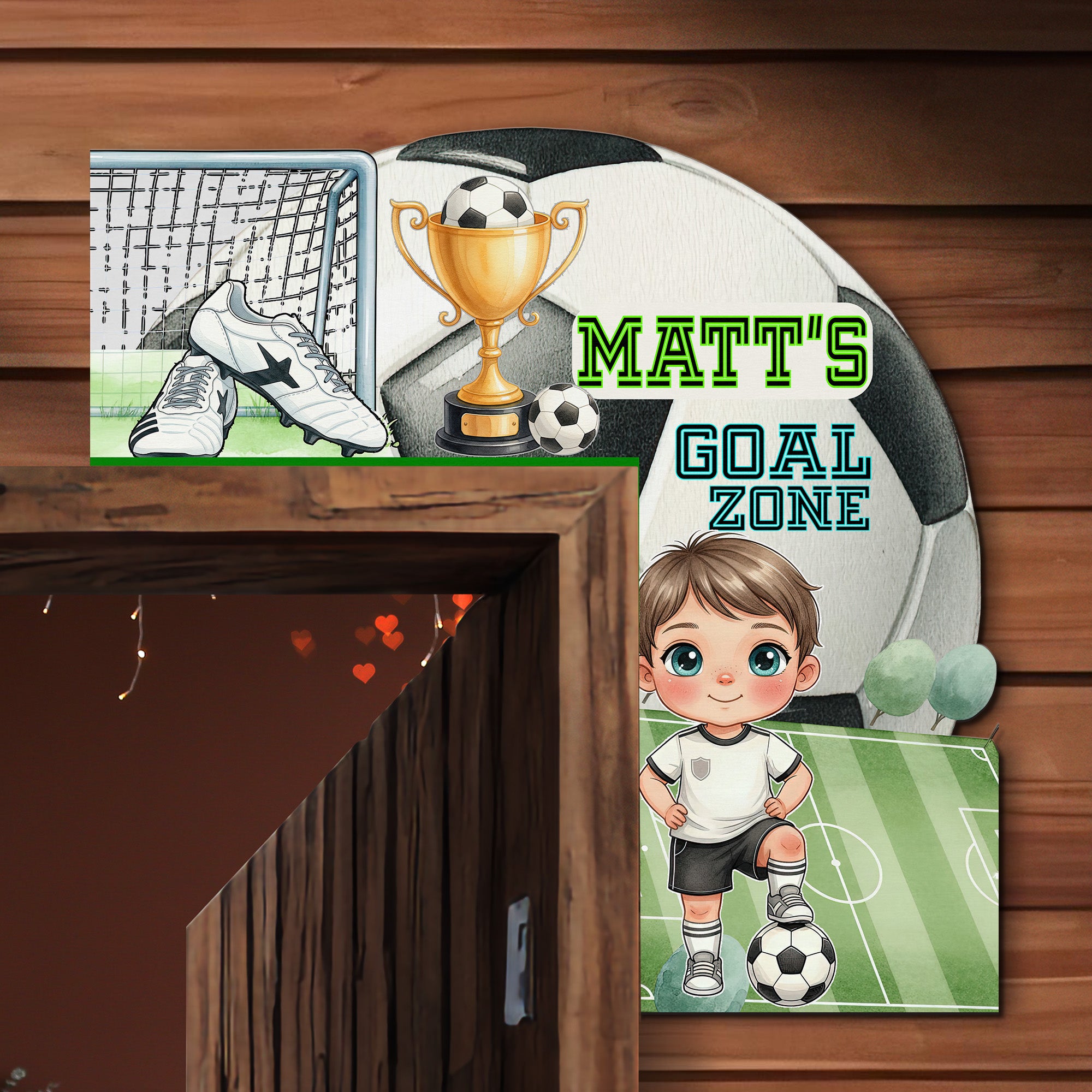 PERSONALIZED Wooden Door Corner | CUSTOM Door Topper Name Plate for KIDS | Single/Double Layer | 10” & 15” Sizes | Soccer