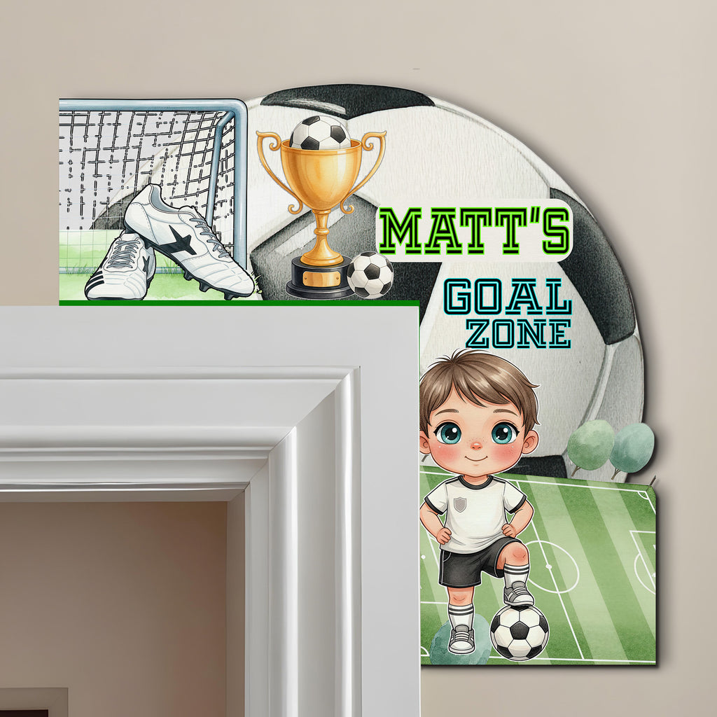 PERSONALIZED Wooden Door Corner | CUSTOM Door Topper Name Plate for KIDS | Single/Double Layer | 10” & 15” Sizes | Soccer