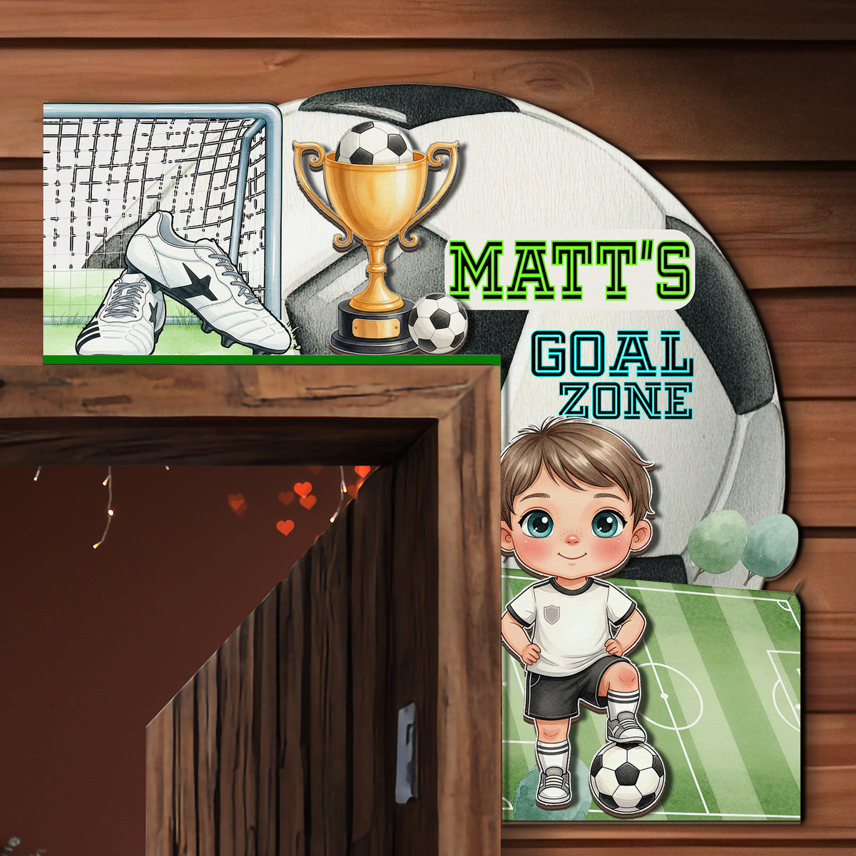 PERSONALIZED Wooden Door Corner | CUSTOM Door Topper Name Plate for KIDS | Single/Double Layer | 10” & 15” Sizes | Soccer
