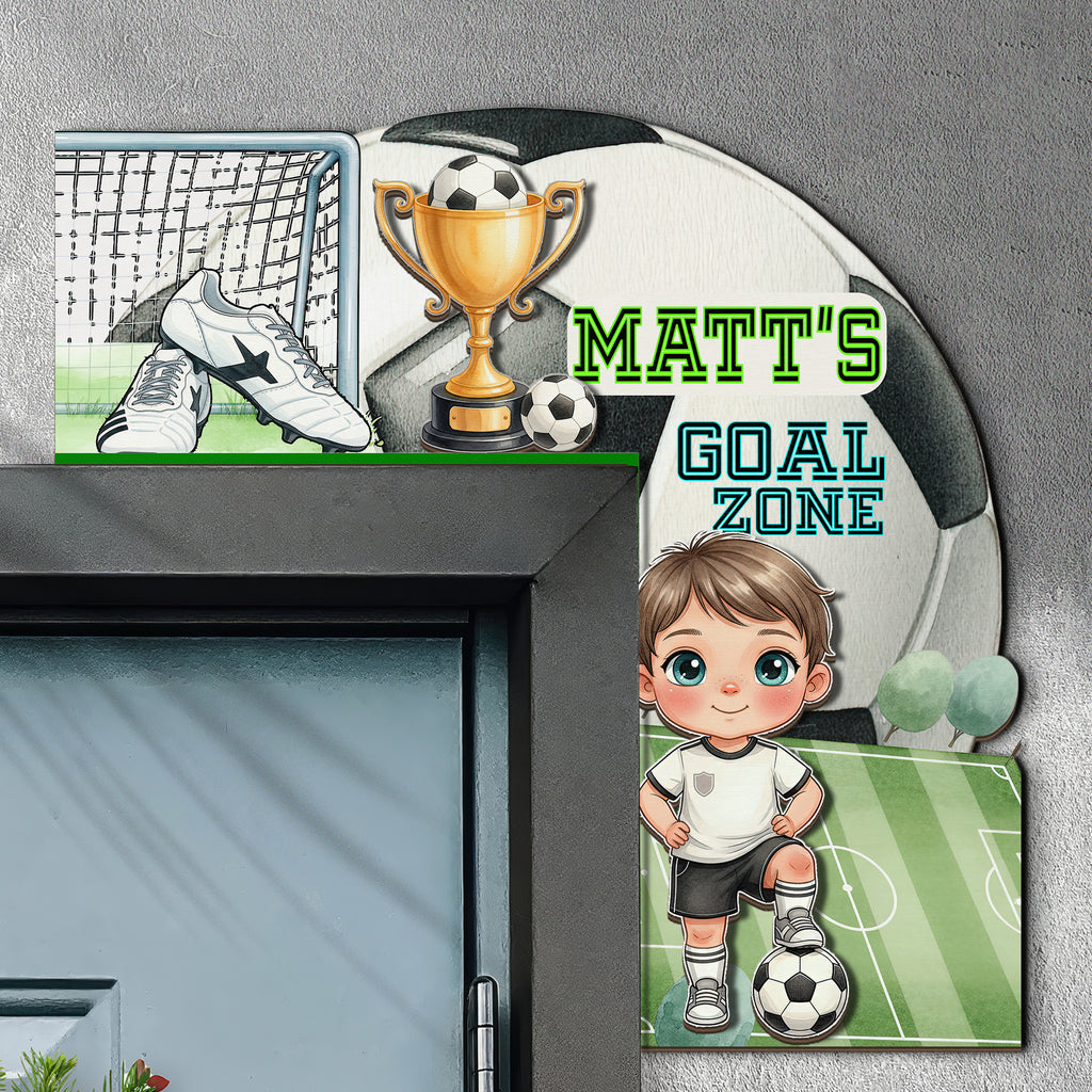 PERSONALIZED Wooden Door Corner | CUSTOM Door Topper Name Plate for KIDS | Single/Double Layer | 10” & 15” Sizes | Soccer