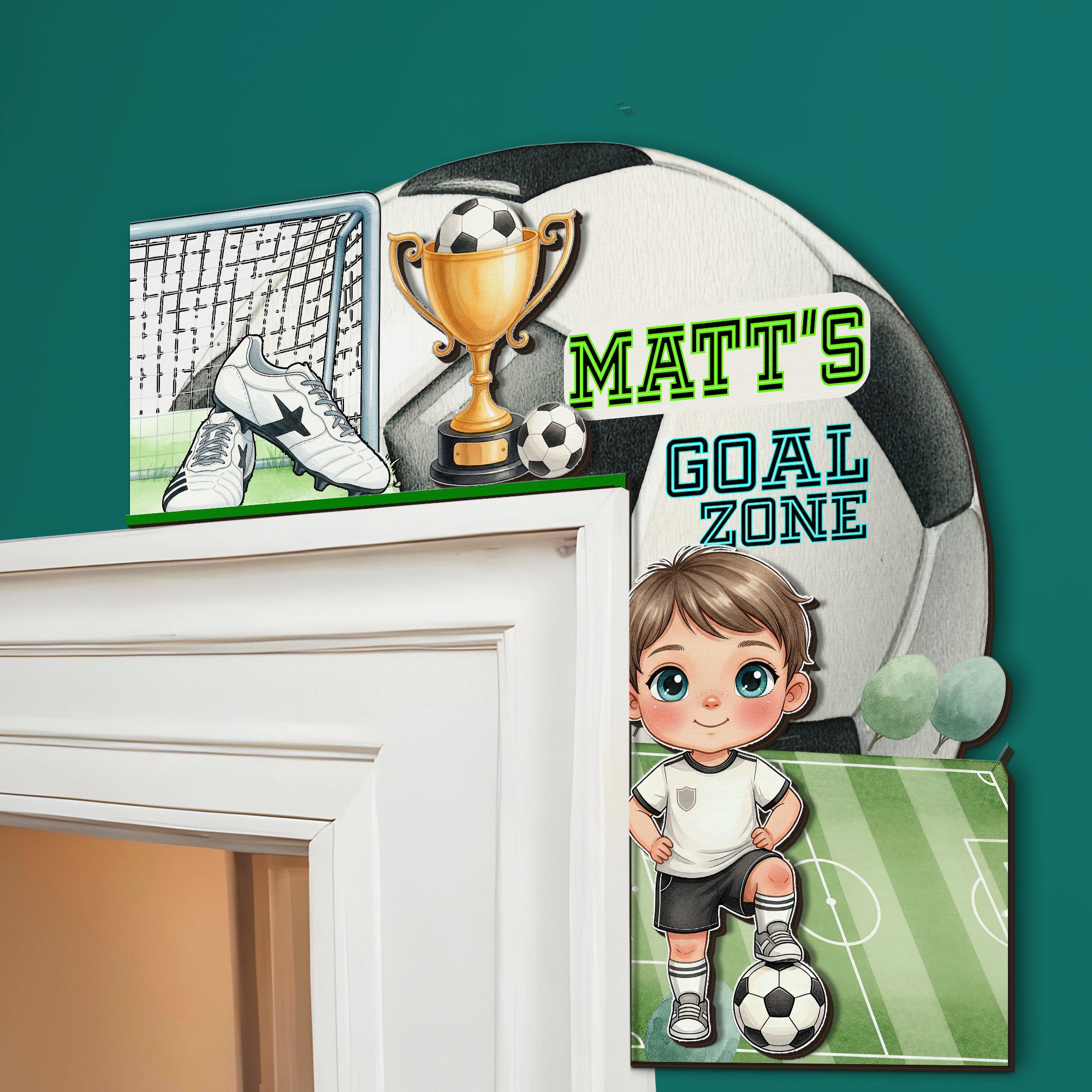PERSONALIZED Wooden Door Corner | CUSTOM Door Topper Name Plate for KIDS | Single/Double Layer | 10” & 15” Sizes | Soccer
