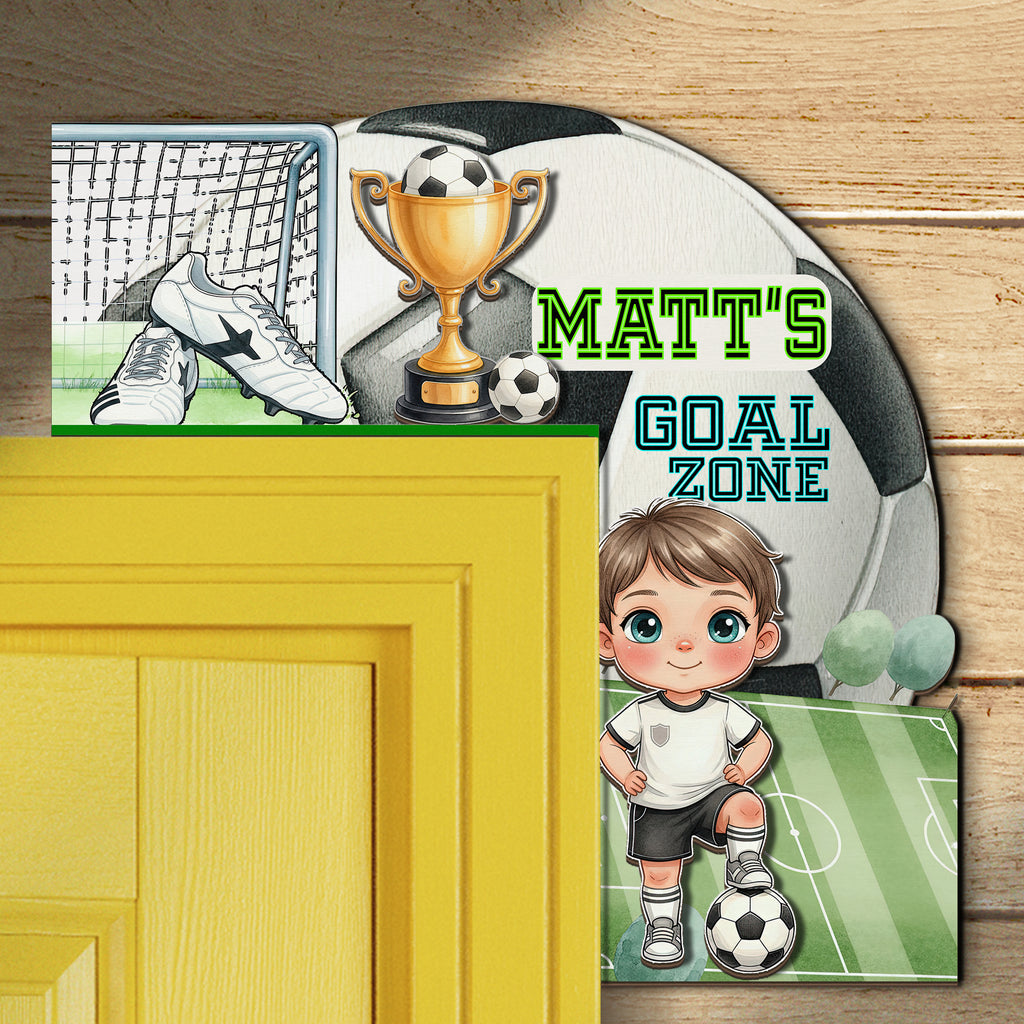 PERSONALIZED Wooden Door Corner | CUSTOM Door Topper Name Plate for KIDS | Single/Double Layer | 10” & 15” Sizes | Soccer
