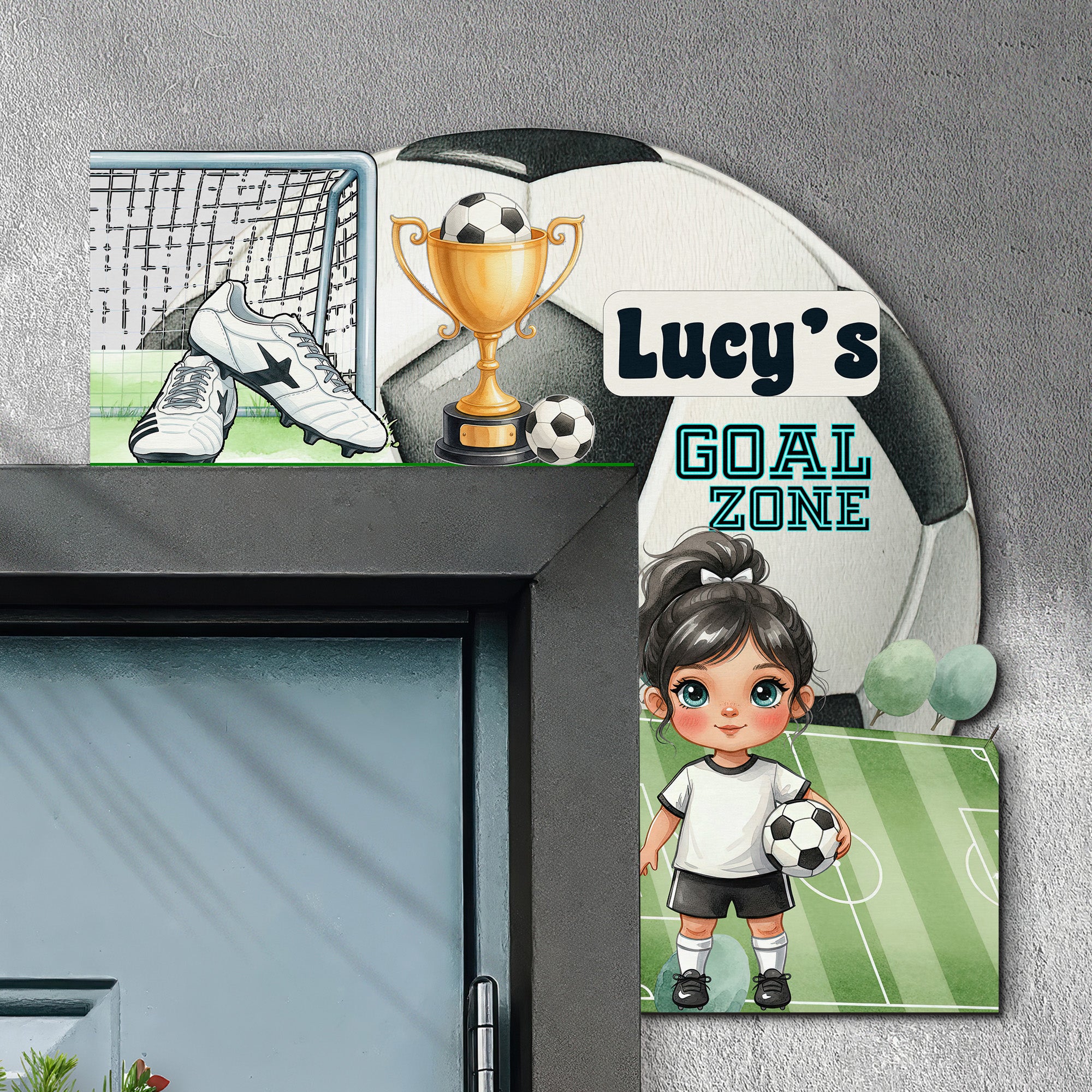 PERSONALIZED Wooden Door Corner | CUSTOM Door Topper Name Plate for KIDS | Single/Double Layer | 10” & 15” Sizes | Soccer