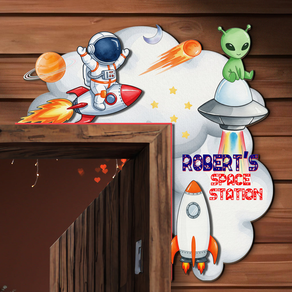 PERSONALIZED Wooden Door Corner | CUSTOM Door Topper Name Plate for KIDS | Single/Double Layer | 10” & 15” Sizes | Space Rocket Astronaut