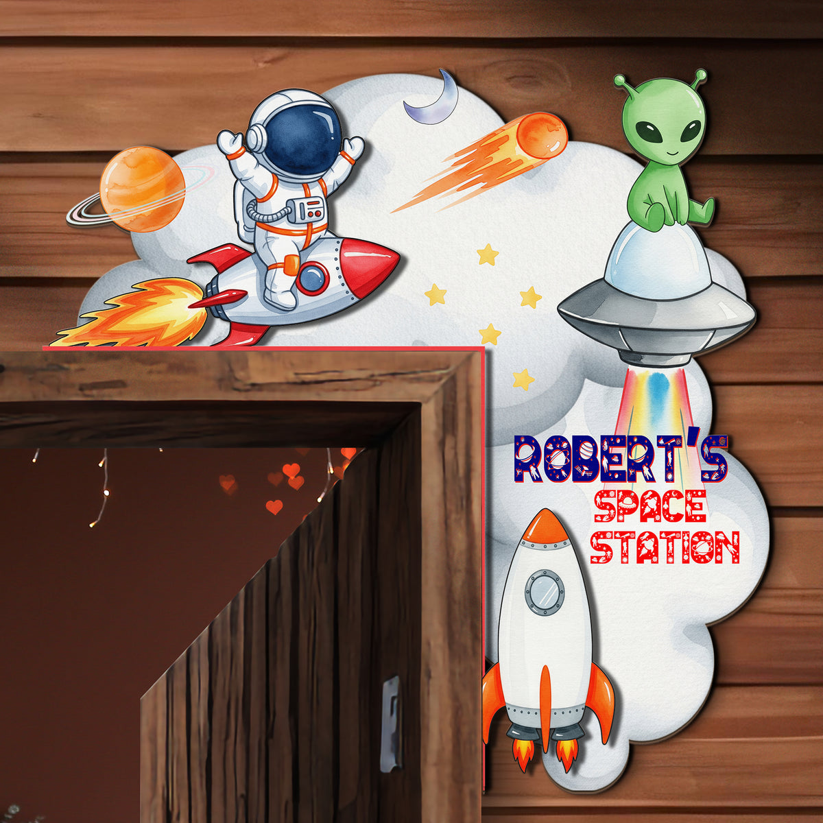 PERSONALIZED Wooden Door Corner | CUSTOM Door Topper Name Plate for KIDS | Single/Double Layer | 10” & 15” Sizes | Space Rocket Astronaut