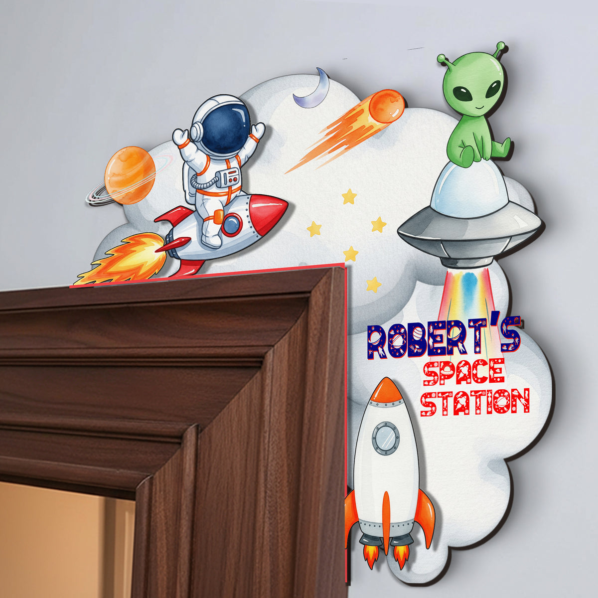 PERSONALIZED Wooden Door Corner | CUSTOM Door Topper Name Plate for KIDS | Single/Double Layer | 10” & 15” Sizes | Space Rocket Astronaut