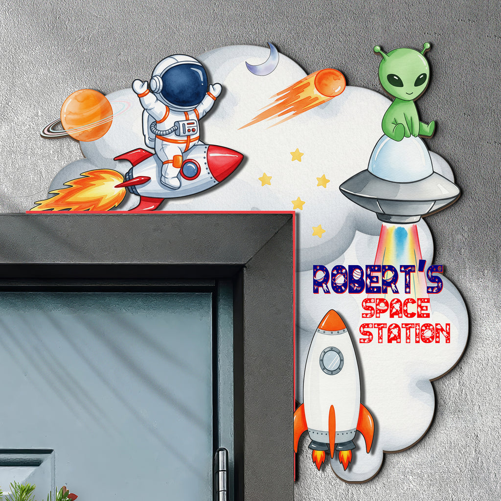 PERSONALIZED Wooden Door Corner | CUSTOM Door Topper Name Plate for KIDS | Single/Double Layer | 10” & 15” Sizes | Space Rocket Astronaut
