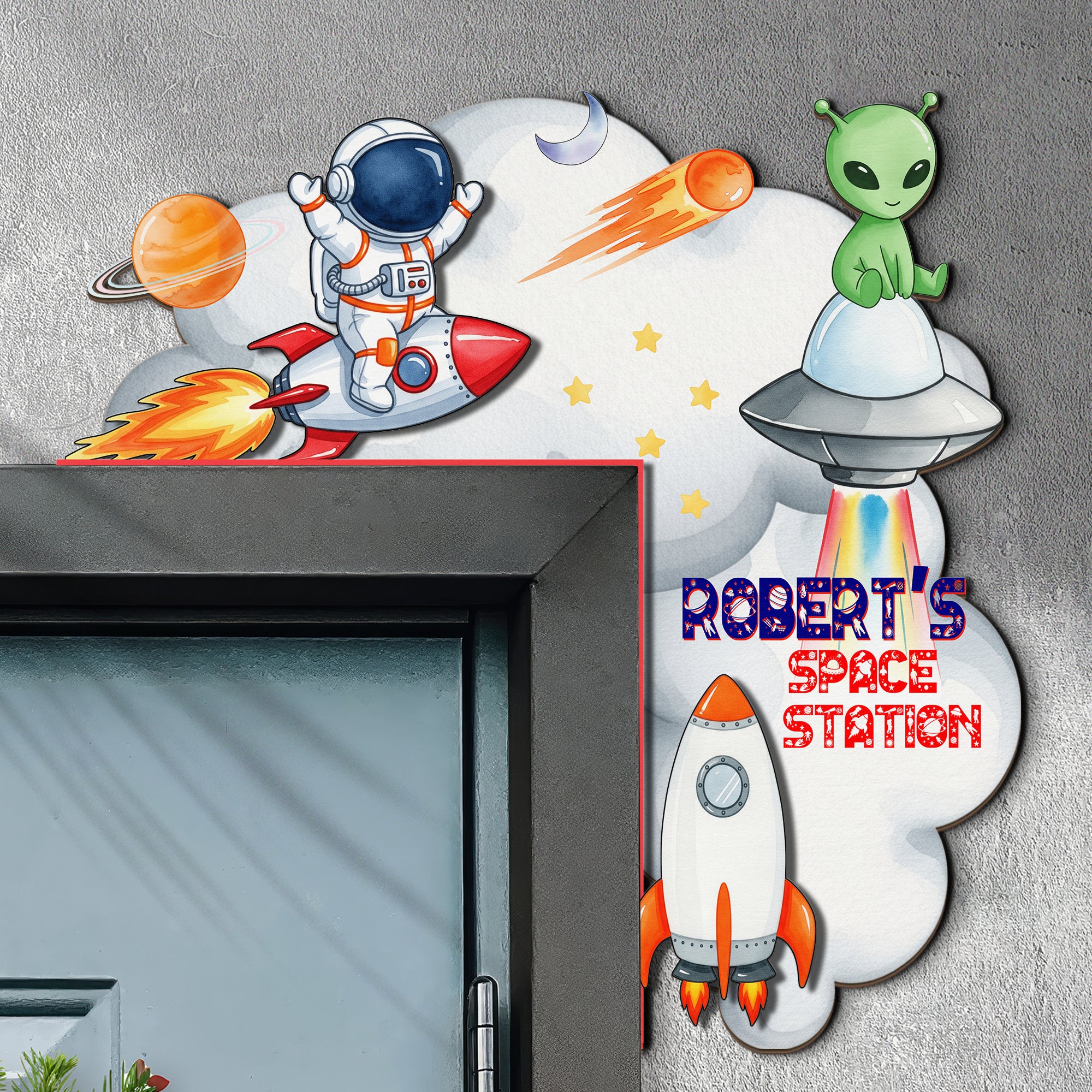 PERSONALIZED Wooden Door Corner | CUSTOM Door Topper Name Plate for KIDS | Single/Double Layer | 10” & 15” Sizes | Space Rocket Astronaut