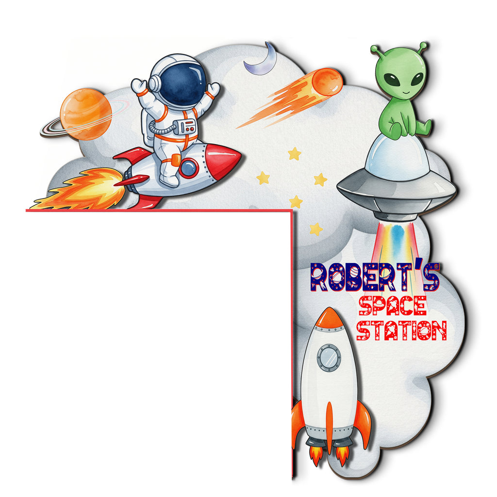 PERSONALIZED Wooden Door Corner | CUSTOM Door Topper Name Plate for KIDS | Single/Double Layer | 10” & 15” Sizes | Space Rocket Astronaut