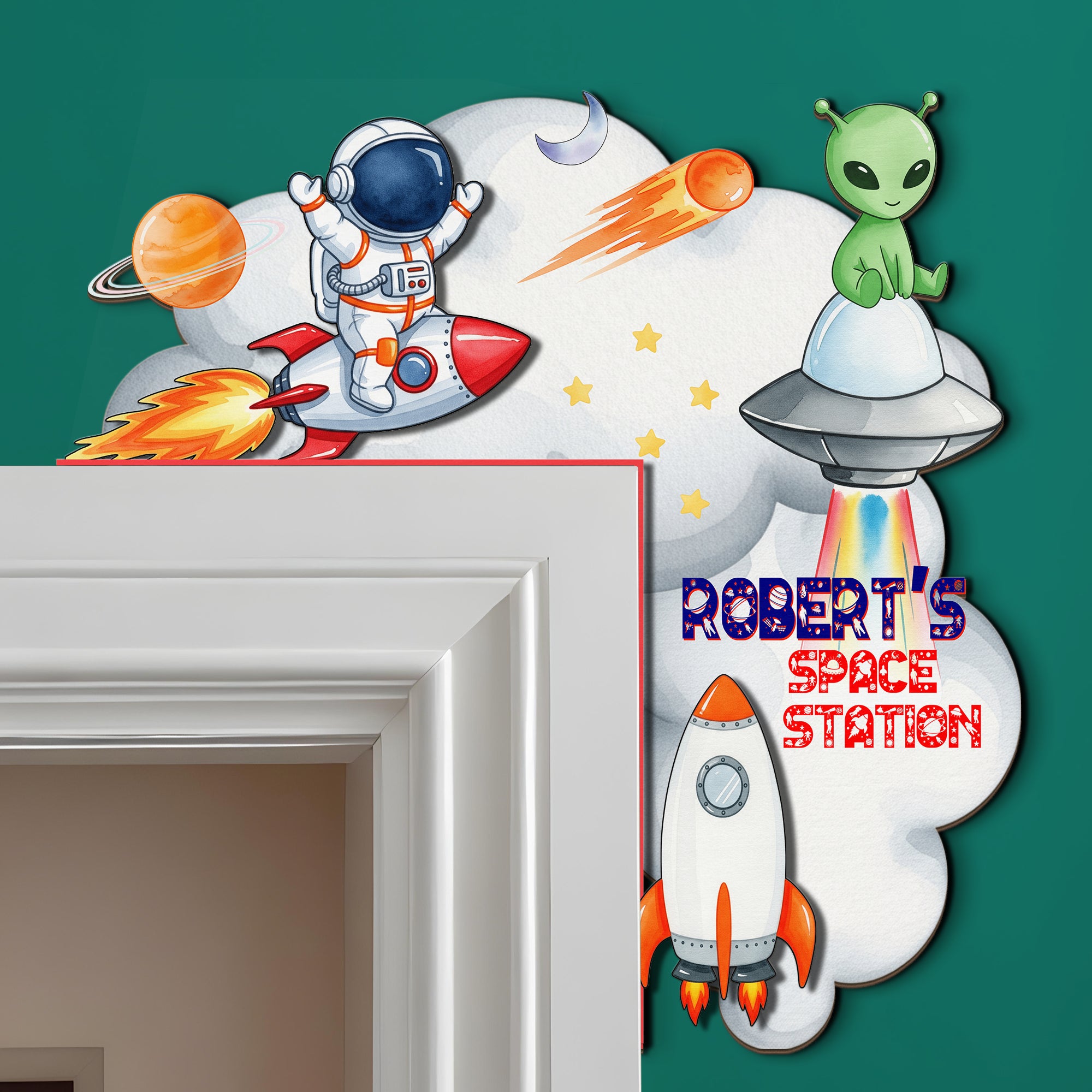 PERSONALIZED Wooden Door Corner | CUSTOM Door Topper Name Plate for KIDS | Single/Double Layer | 10” & 15” Sizes | Space Rocket Astronaut