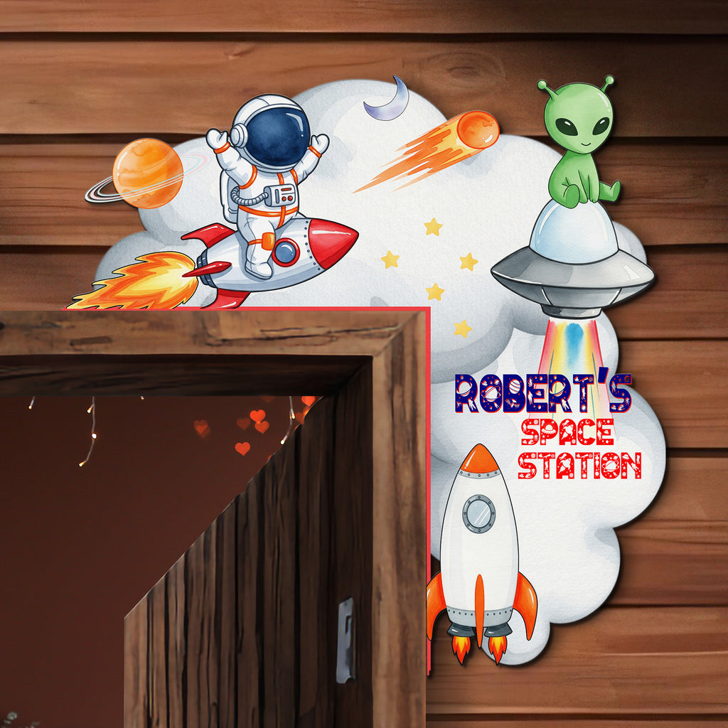 PERSONALIZED Wooden Door Corner | CUSTOM Door Topper Name Plate for KIDS | Single/Double Layer | 10” & 15” Sizes | Space Rocket Astronaut