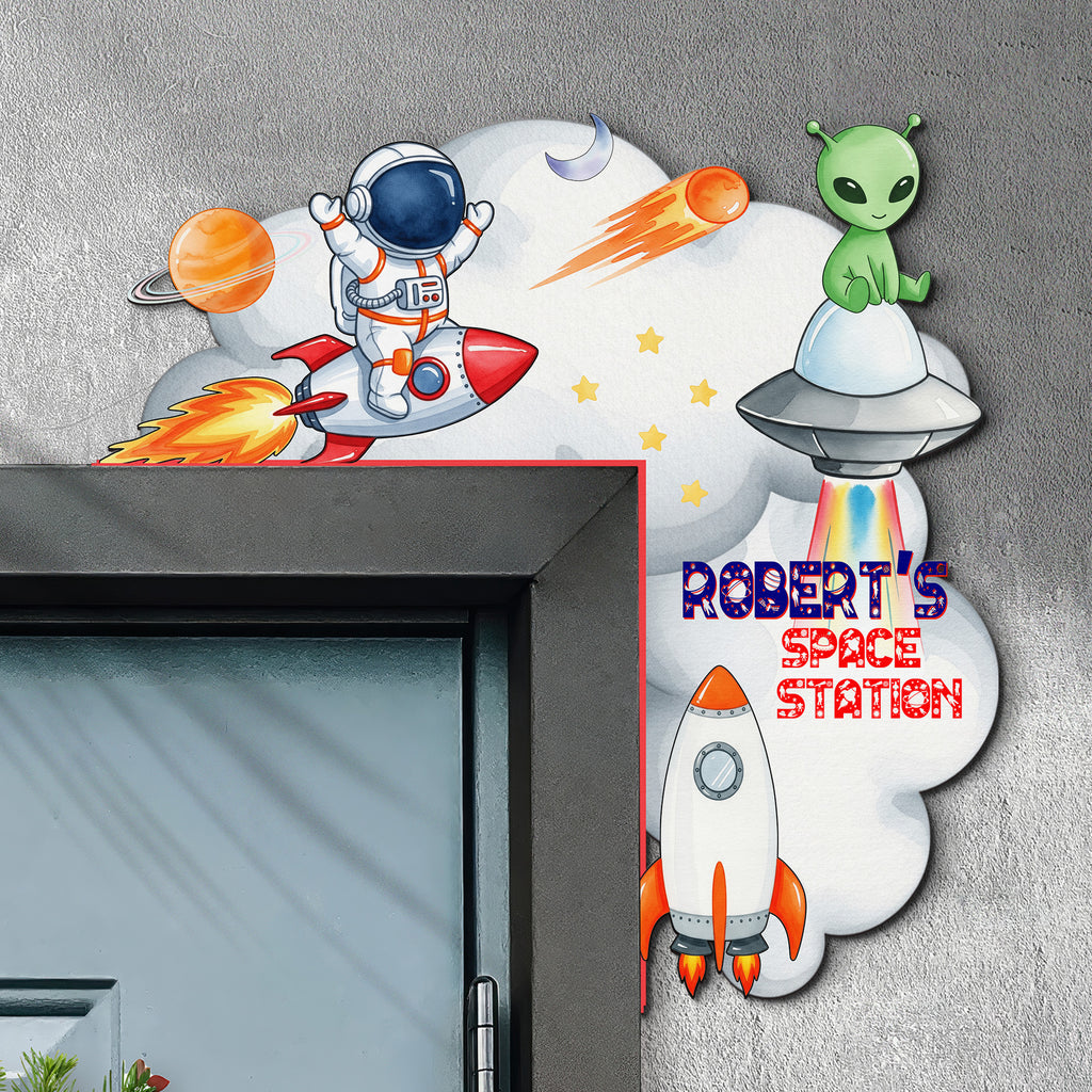 PERSONALIZED Wooden Door Corner | CUSTOM Door Topper Name Plate for KIDS | Single/Double Layer | 10” & 15” Sizes | Space Rocket Astronaut