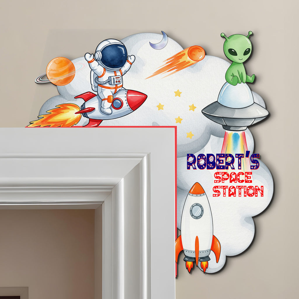 PERSONALIZED Wooden Door Corner | CUSTOM Door Topper Name Plate for KIDS | Single/Double Layer | 10” & 15” Sizes | Space Rocket Astronaut