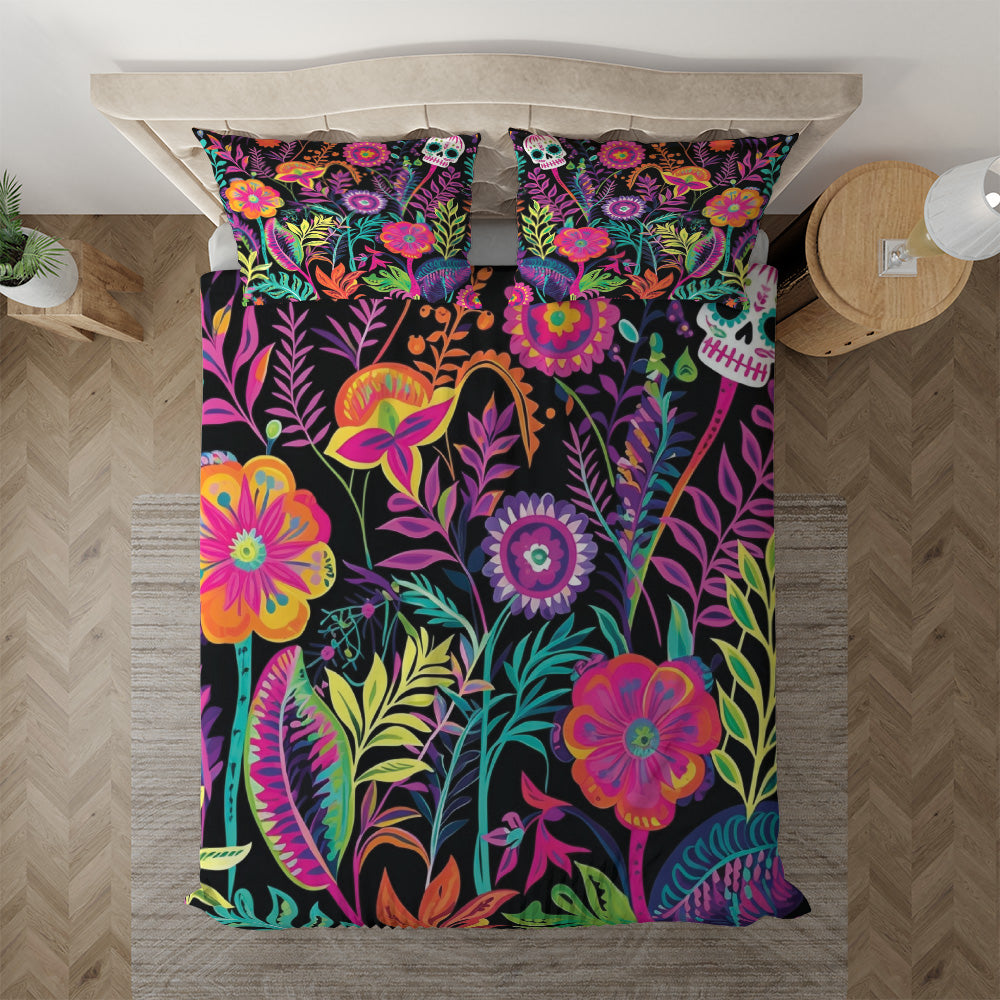 Floral Sugar Skull bedding displayed at an angle on a bed