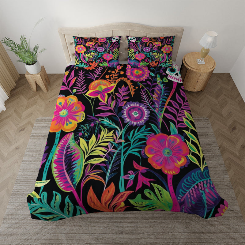 Duvet cover with matching Pillow cases | Luxury Bedding set | Twin, Queen, King Sizes | Day of the Dead Floral Sugar Skull