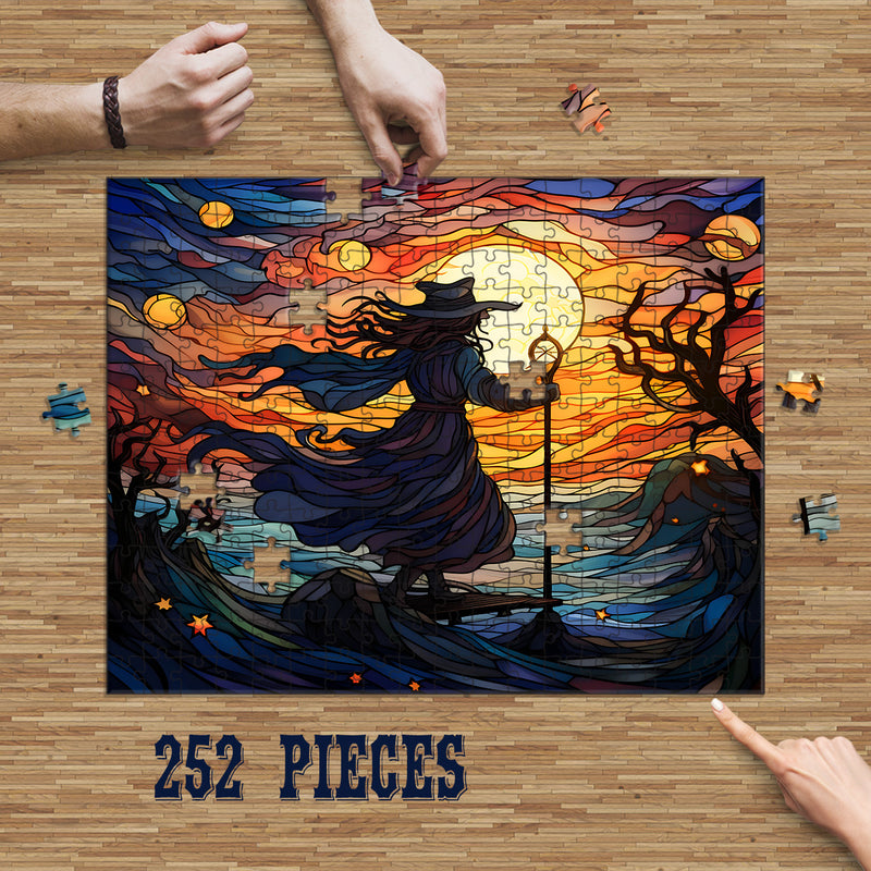 Rectangle Puzzles for All Ages – High-Quality, Durable, and Fun Jigsaw with Precision Laser-Cut Pieces | Stained Glass Art - Sunset Witch