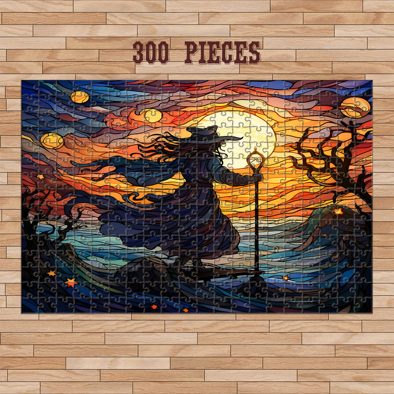 Rectangle Puzzles for All Ages – High-Quality, Durable, and Fun Jigsaw with Precision Laser-Cut Pieces | Stained Glass Art - Sunset Witch