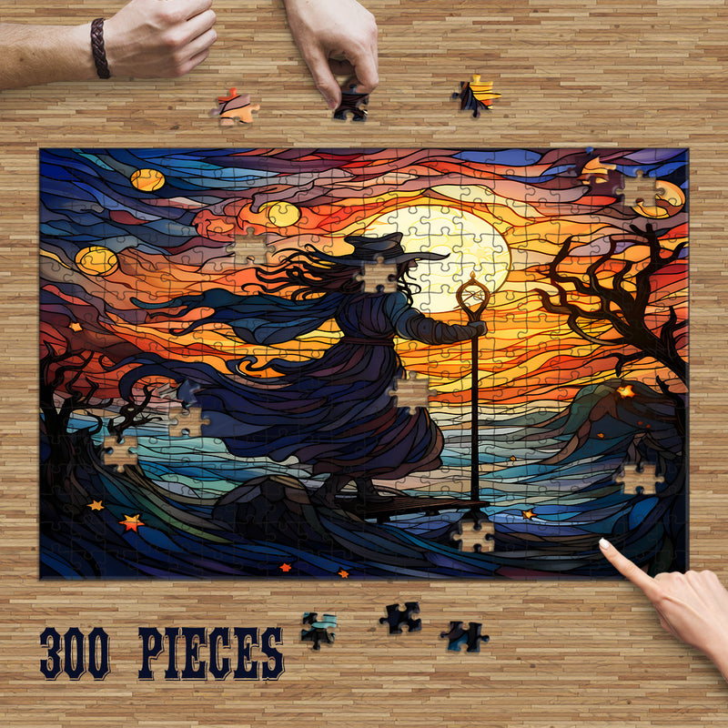 Rectangle Puzzles for All Ages – High-Quality, Durable, and Fun Jigsaw with Precision Laser-Cut Pieces | Stained Glass Art - Sunset Witch