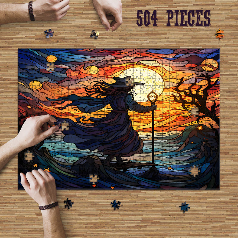 Rectangle Puzzles for All Ages – High-Quality, Durable, and Fun Jigsaw with Precision Laser-Cut Pieces | Stained Glass Art - Sunset Witch