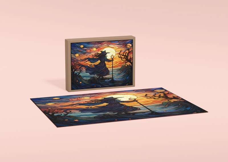 Rectangle Puzzles for All Ages – High-Quality, Durable, and Fun Jigsaw with Precision Laser-Cut Pieces | Stained Glass Art - Sunset Witch