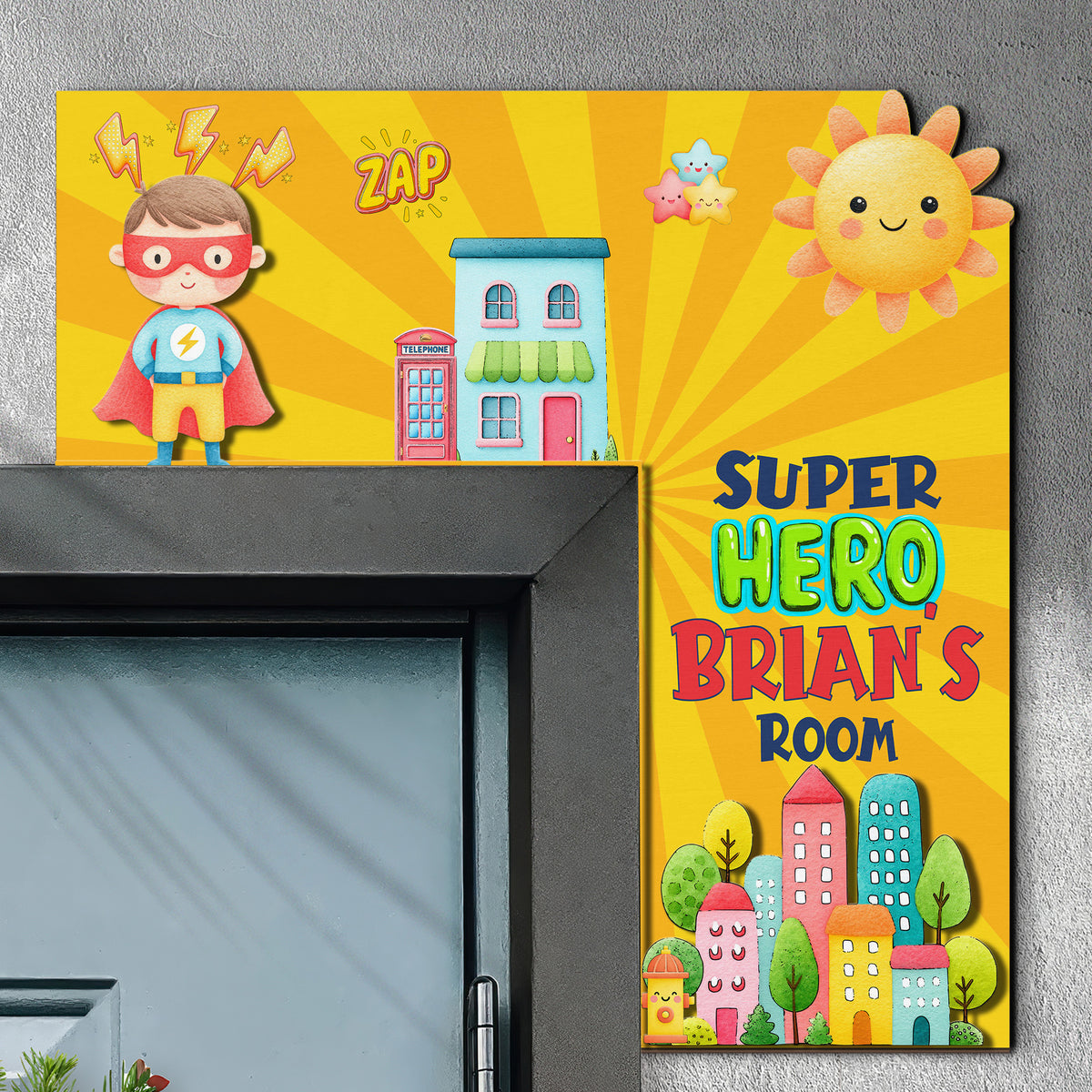 PERSONALIZED Wooden Door Corner | CUSTOM Door Topper Name Plate for KIDS | Single/Double Layer | 10” & 15” Sizes | Super Hero