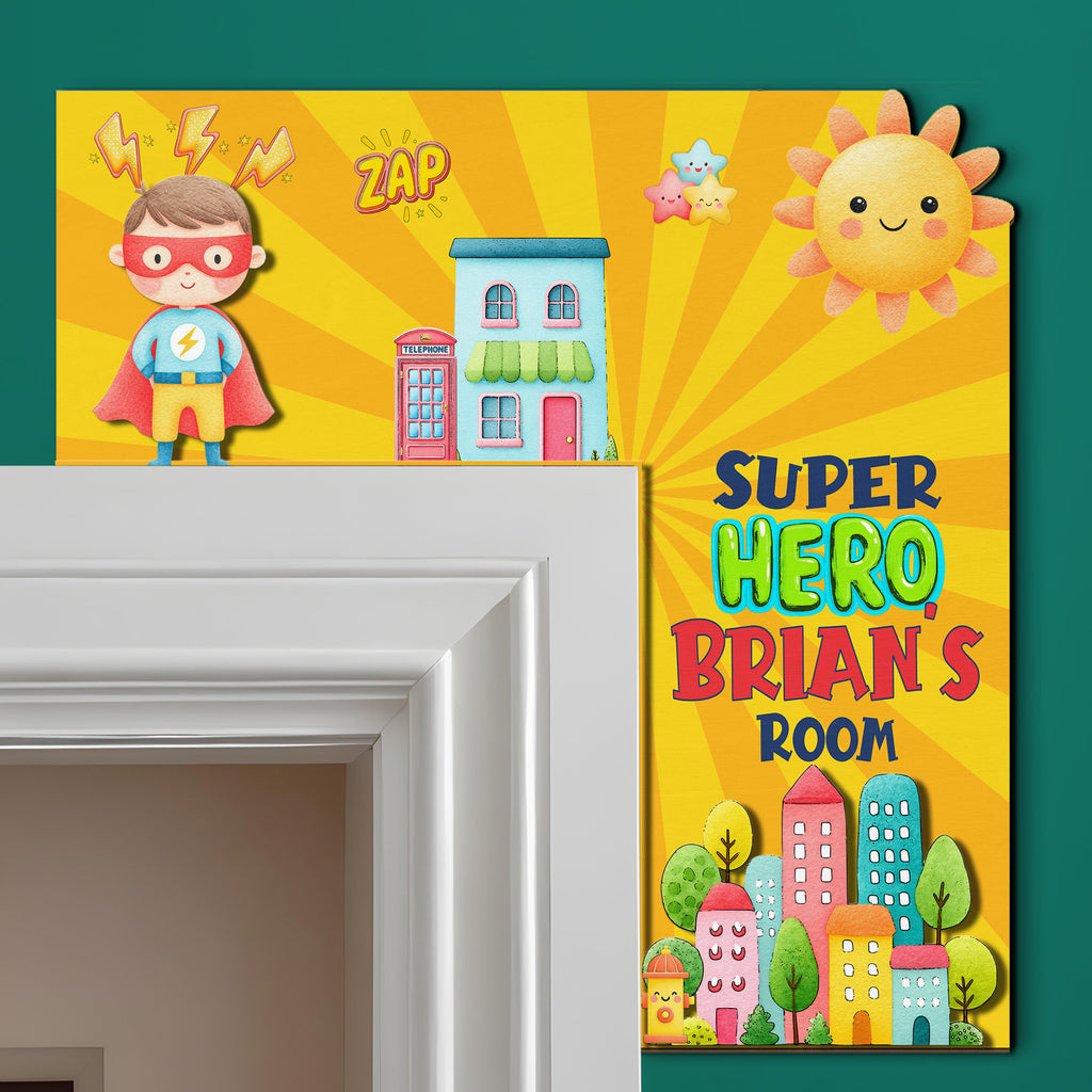 PERSONALIZED Wooden Door Corner | CUSTOM Door Topper Name Plate for KIDS | Single/Double Layer | 10” & 15” Sizes | Super Hero