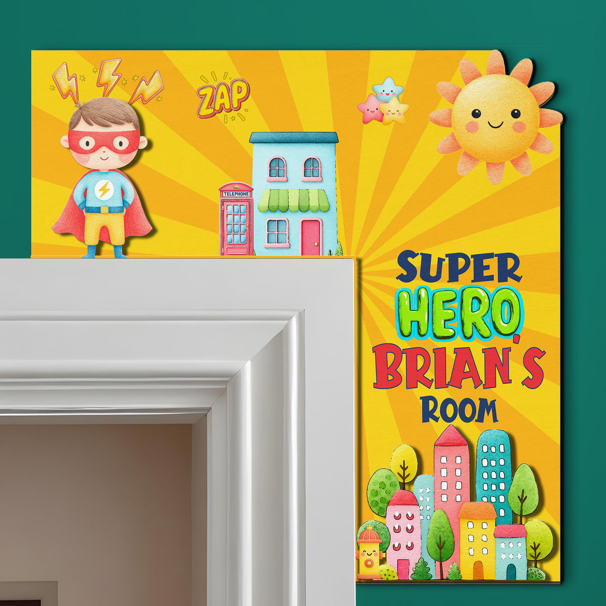 PERSONALIZED Wooden Door Corner | CUSTOM Door Topper Name Plate for KIDS | Single/Double Layer | 10” & 15” Sizes | Super Hero