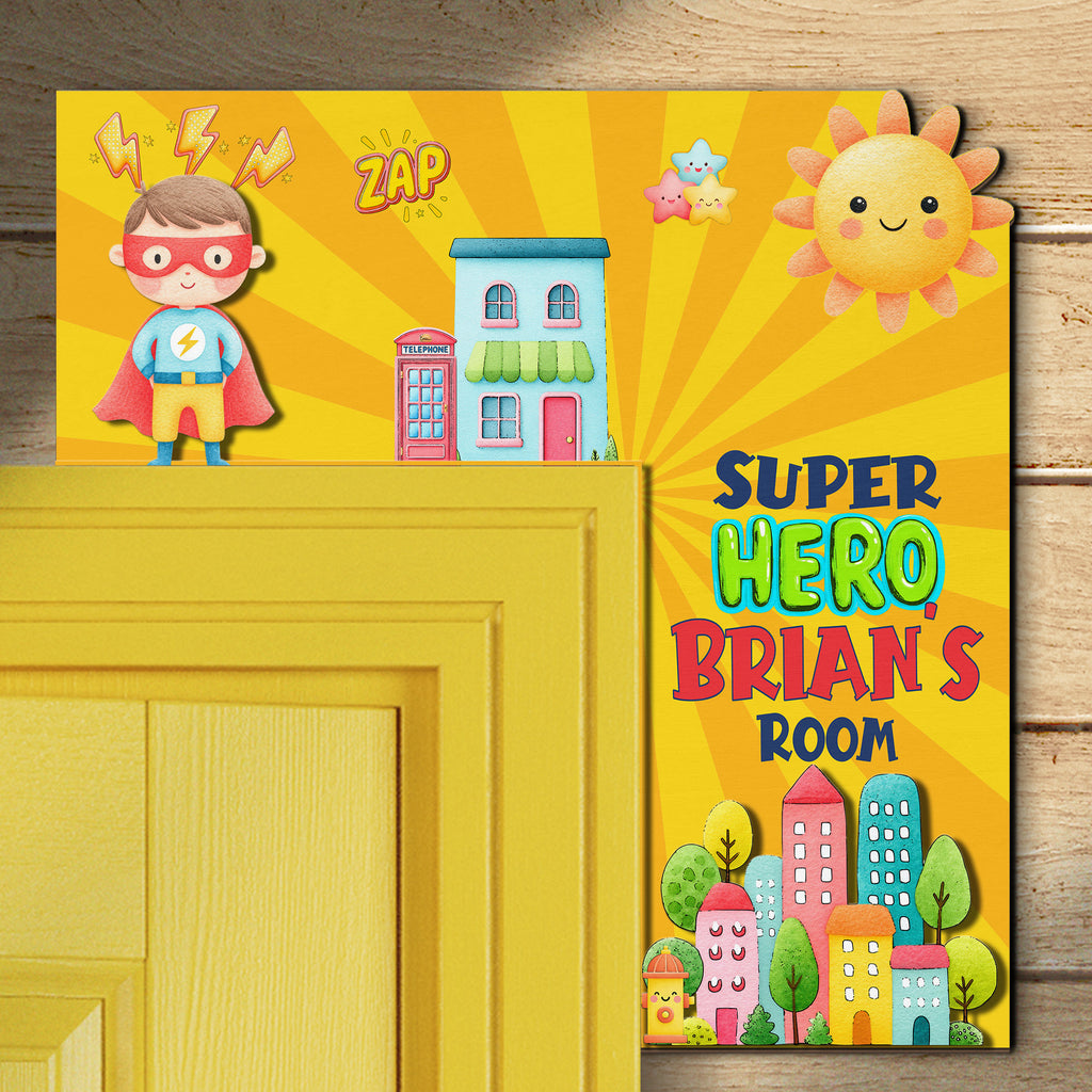 PERSONALIZED Wooden Door Corner | CUSTOM Door Topper Name Plate for KIDS | Single/Double Layer | 10” & 15” Sizes | Super Hero