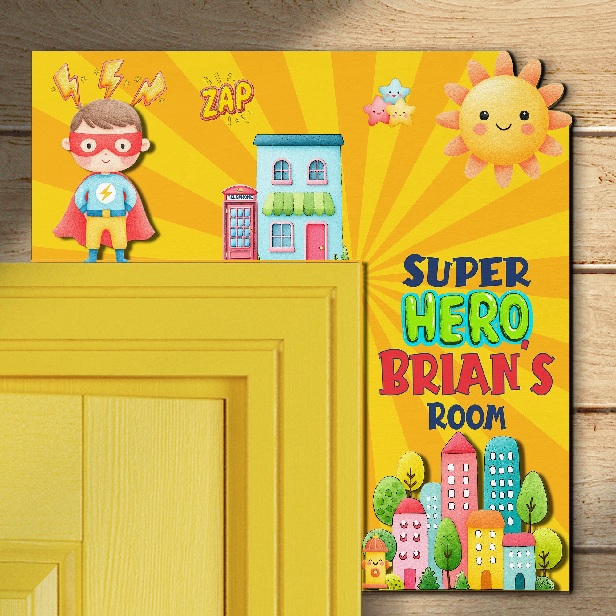 PERSONALIZED Wooden Door Corner | CUSTOM Door Topper Name Plate for KIDS | Single/Double Layer | 10” & 15” Sizes | Super Hero