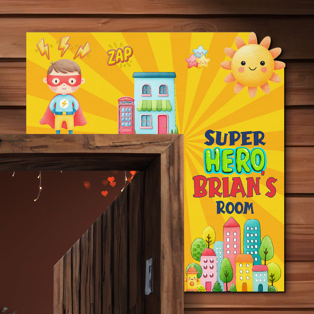 PERSONALIZED Wooden Door Corner | CUSTOM Door Topper Name Plate for KIDS | Single/Double Layer | 10” & 15” Sizes | Super Hero